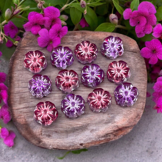 10mm Czech Glass Beads, Purple and Fuchsia Hibiscus, Purple and Pink Glass Flower(PHib11) * Qty. 12