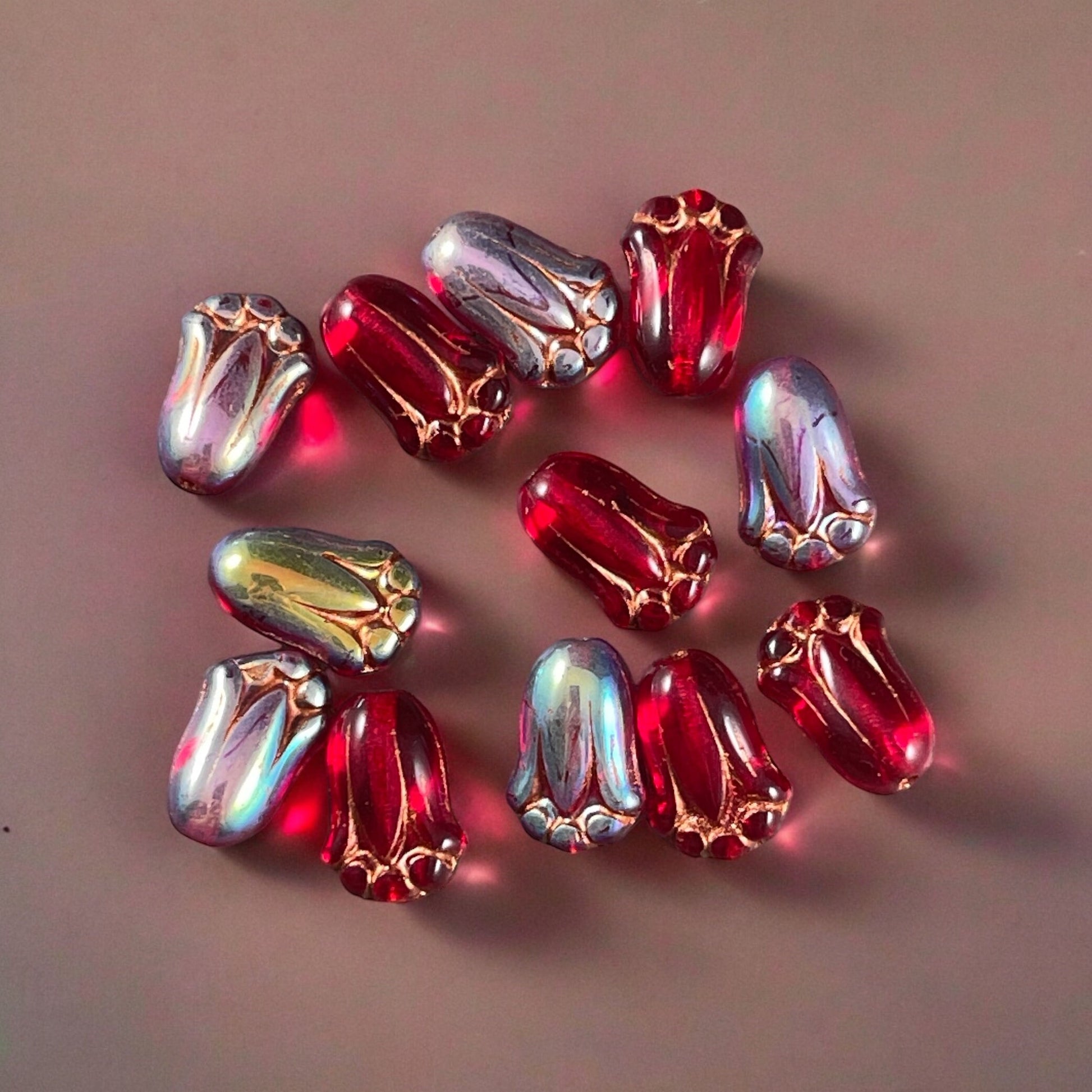 12x8mm Red Lily Bud Czech Glass Flower Beads ~ Transparent Red Flower with AB Finish and Copper Wash (LBud39) * Qty. 12