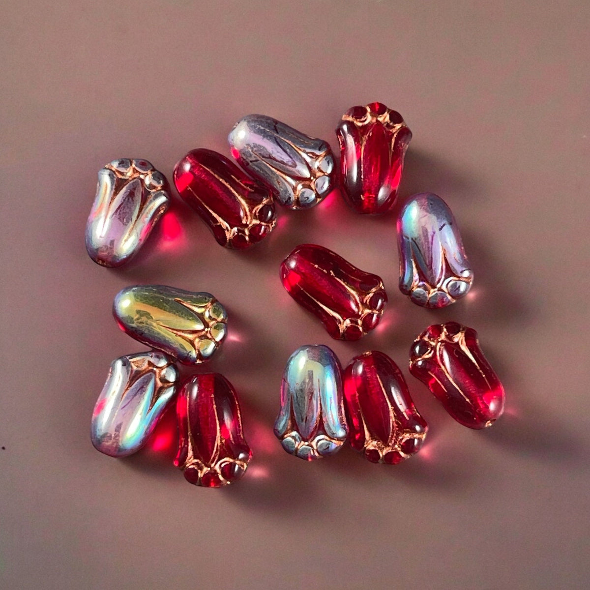 Czech Glass Beads - 12x8mm Red Lily Bud Flower Beads ~ Transparent Red with AB Finish and Copper Wash (LBud39) * Qty. 12