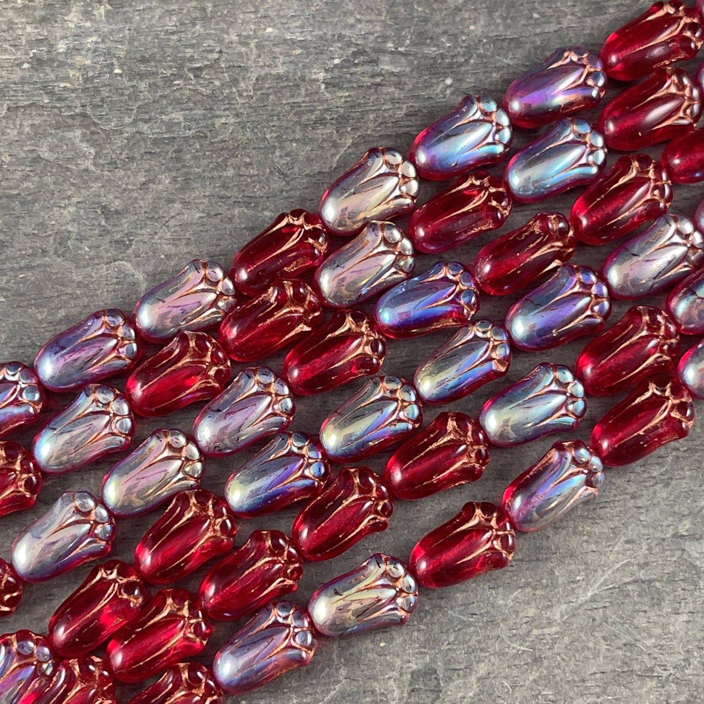 12x8mm Red Lily Bud Czech Glass Flower Beads ~ Transparent Red Flower with AB Finish and Copper Wash (LBud39) * Qty. 12