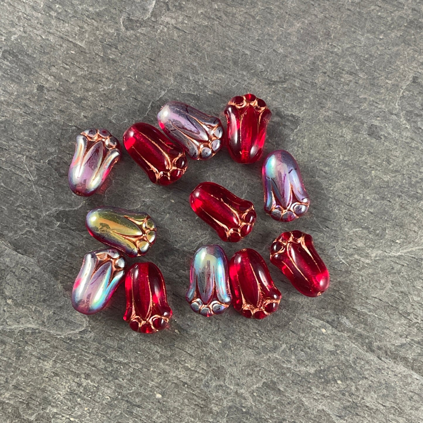 12x8mm Red Lily Bud Czech Glass Flower Beads ~ Transparent Red Flower with AB Finish and Copper Wash (LBud39) * Qty. 12