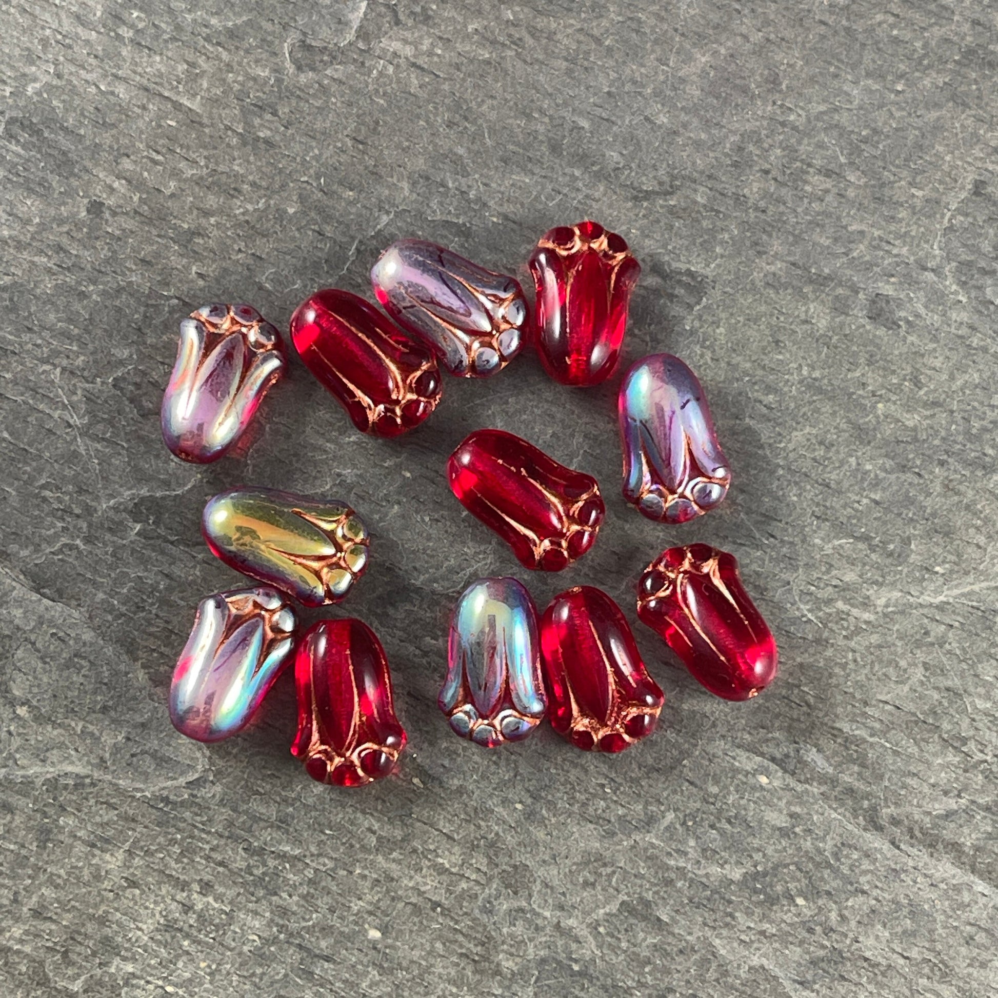 12x8mm Red Lily Bud Czech Glass Flower Beads ~ Transparent Red Flower with AB Finish and Copper Wash (LBud39) * Qty. 12