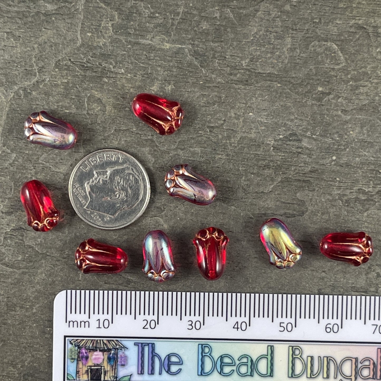 12x8mm Red Lily Bud Czech Glass Flower Beads ~ Transparent Red Flower with AB Finish and Copper Wash (LBud39) * Qty. 12