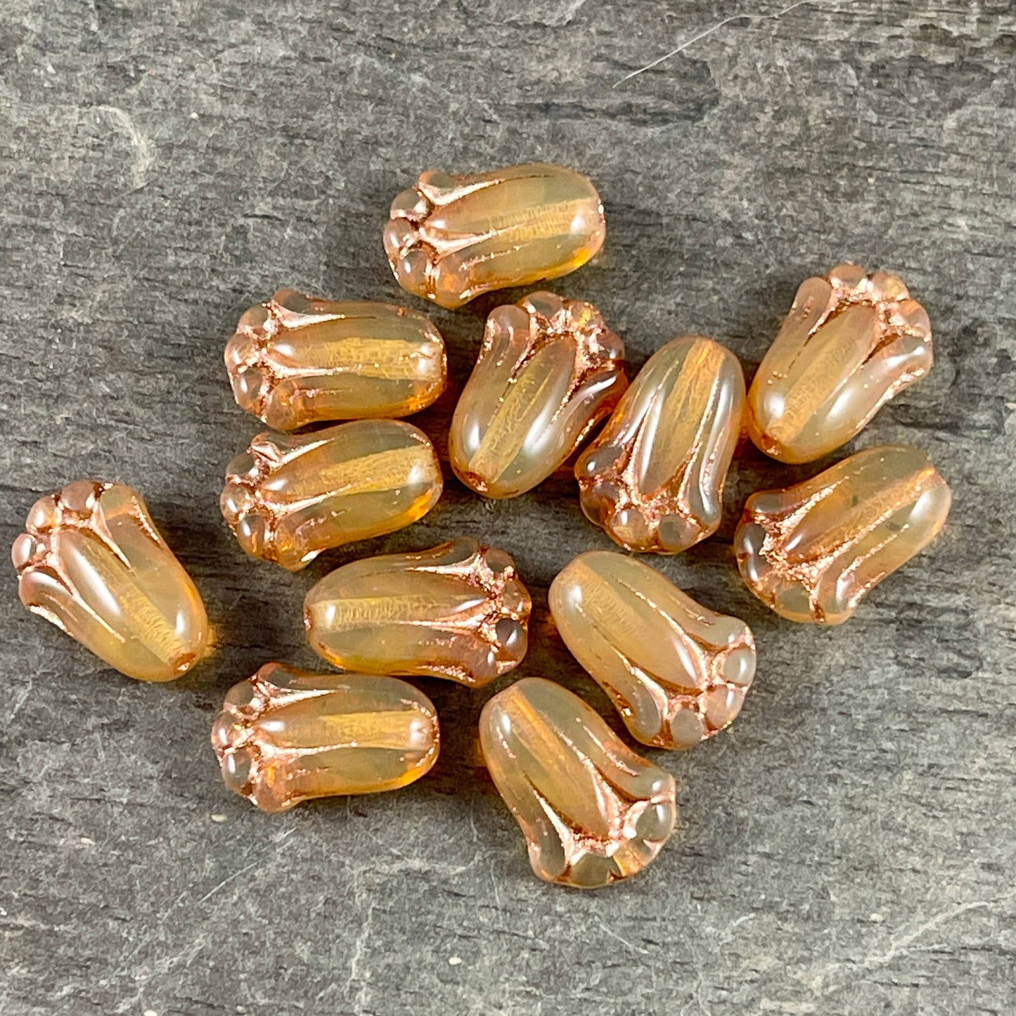 Czech Glass Beads - 12x8mm Lily Bud Flower, Caramel Opal with Copper Wash (LBud42) * Qty. 12