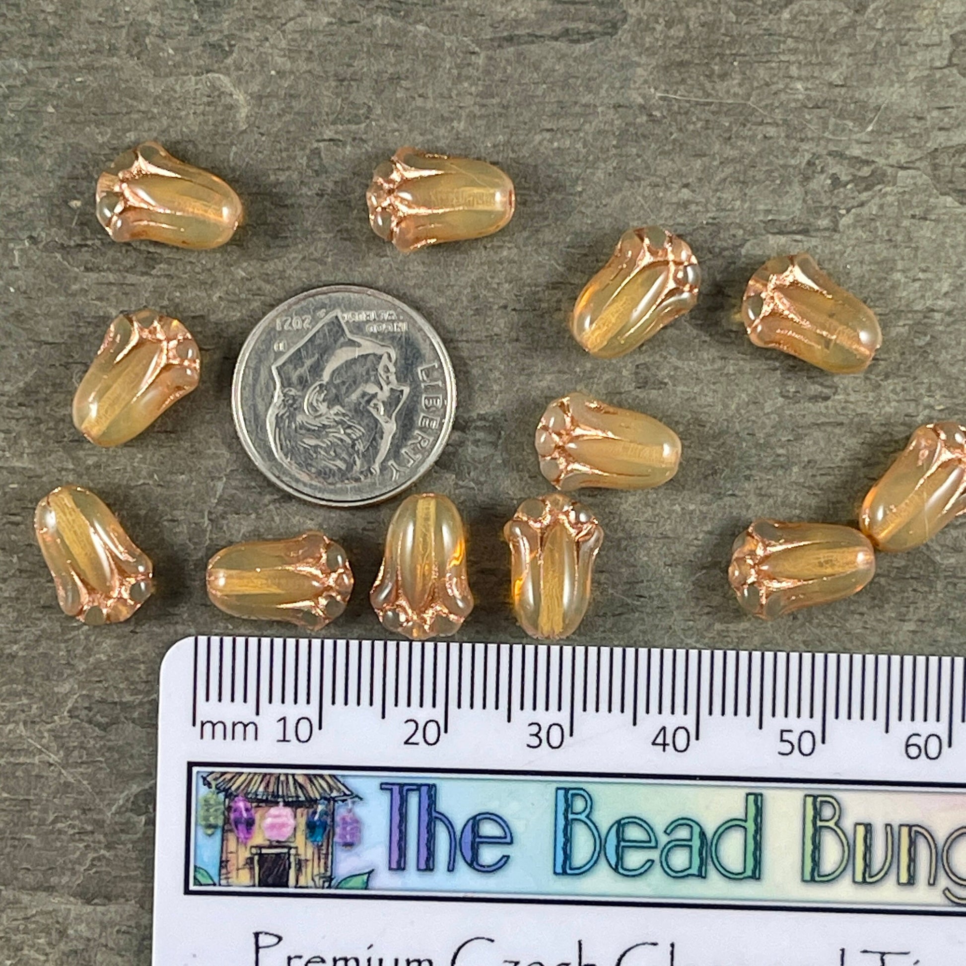 Caramel Opal Flower with Copper Wash, Czech Glass Beads, 12x8mm Lily Bud Flower (LBud42) * Qty. 12