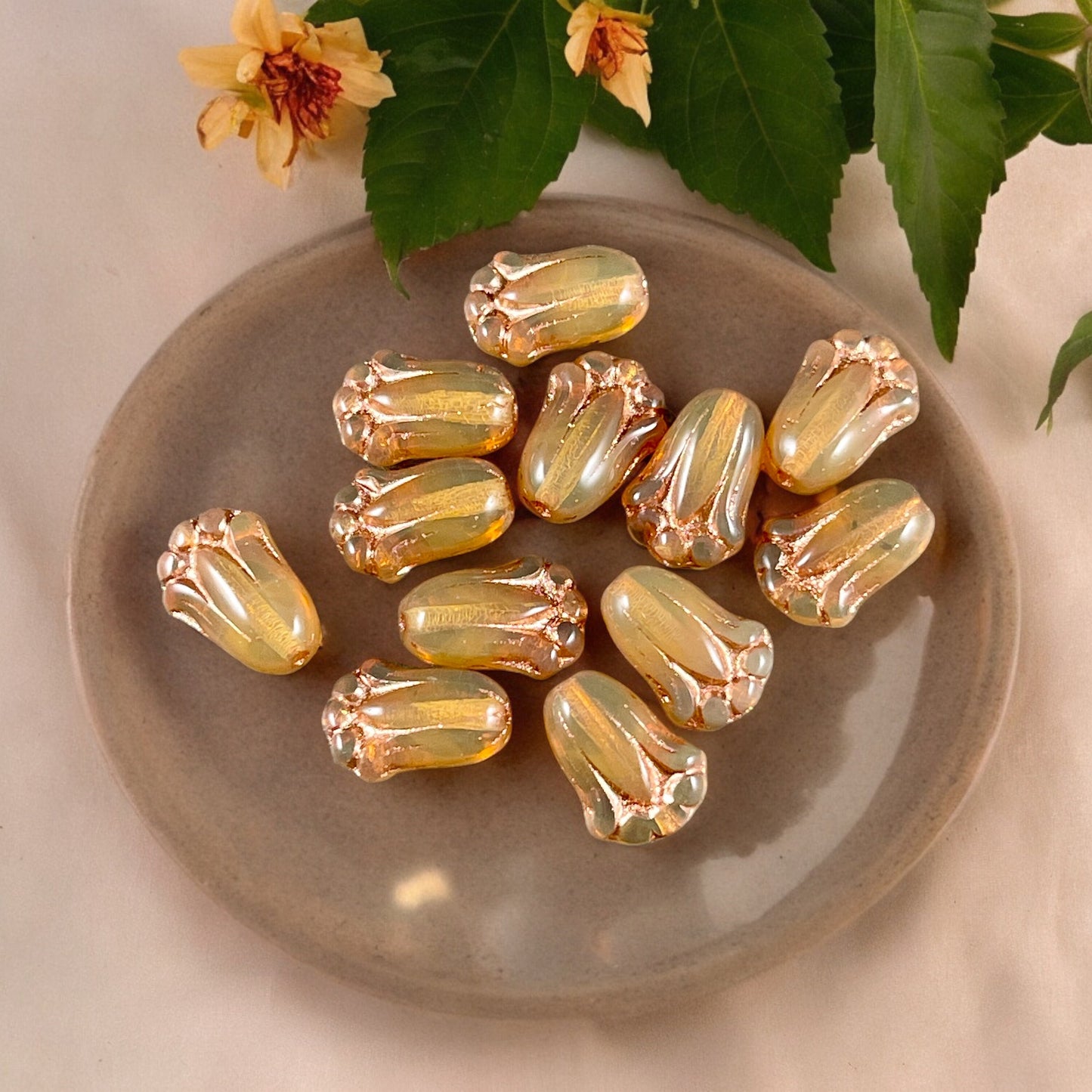 Caramel Opal Flower with Copper Wash, Czech Glass Beads, 12x8mm Lily Bud Flower (LBud42) * Qty. 12