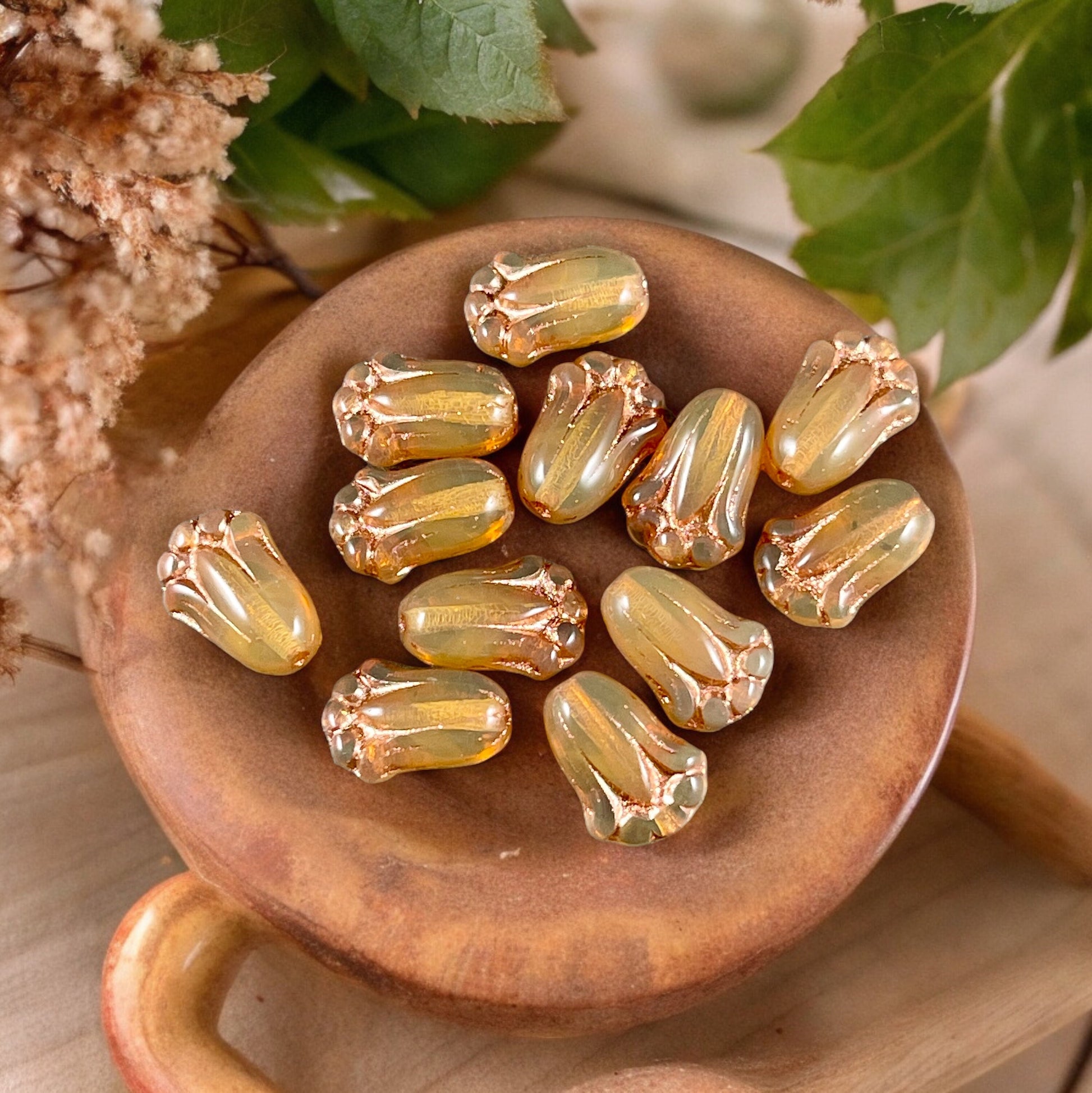Caramel Opal Flower with Copper Wash, Czech Glass Beads, 12x8mm Lily Bud Flower (LBud42) * Qty. 12