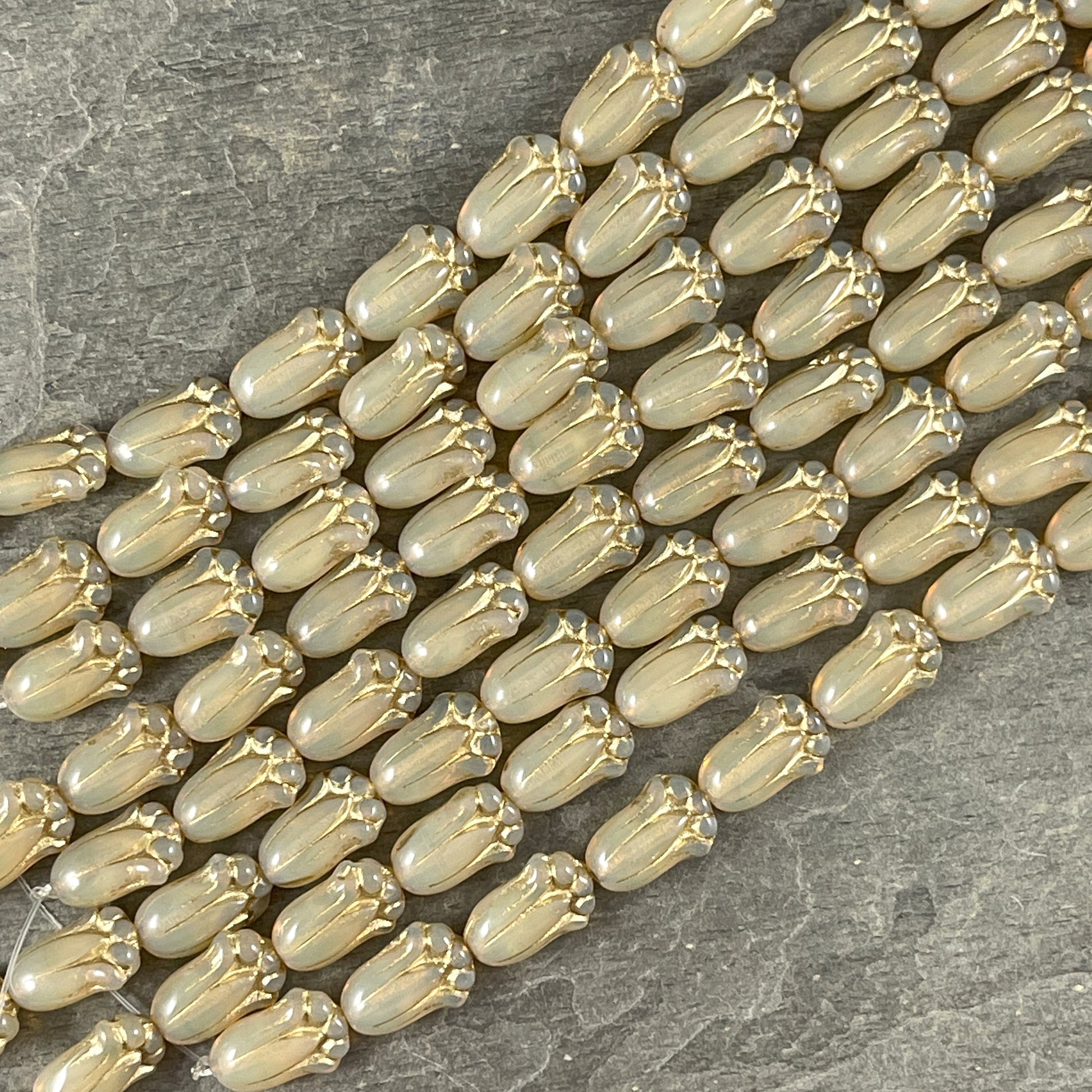 Czech Glass Beads - 12x8mm Lily Bud, Beige Opal Flower with Gold Wash (LBud44) * Qty. 12