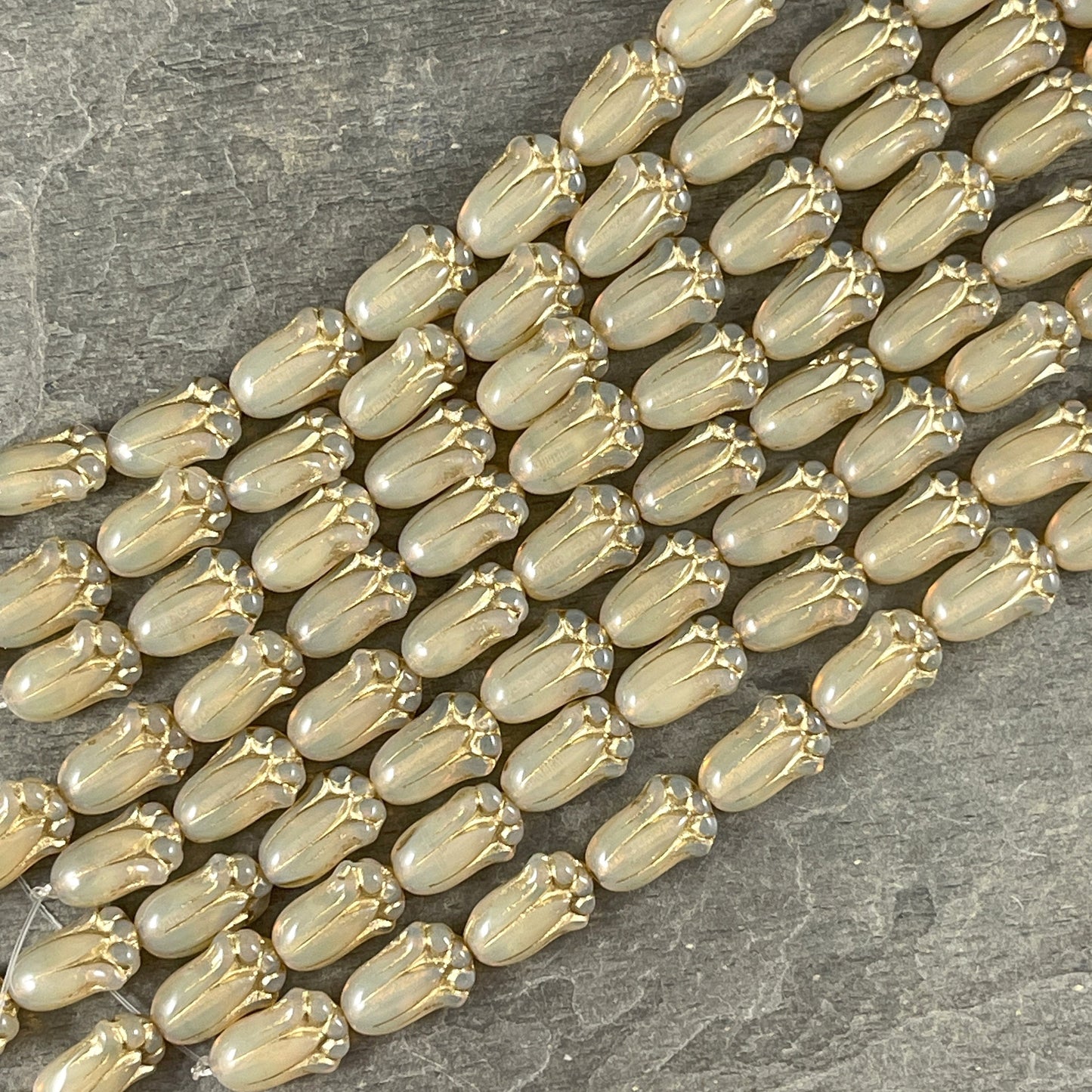 Czech Glass Beads - 12x8mm Lily Bud, Beige Opal Flower with Gold Wash (LBud44) * Qty. 12