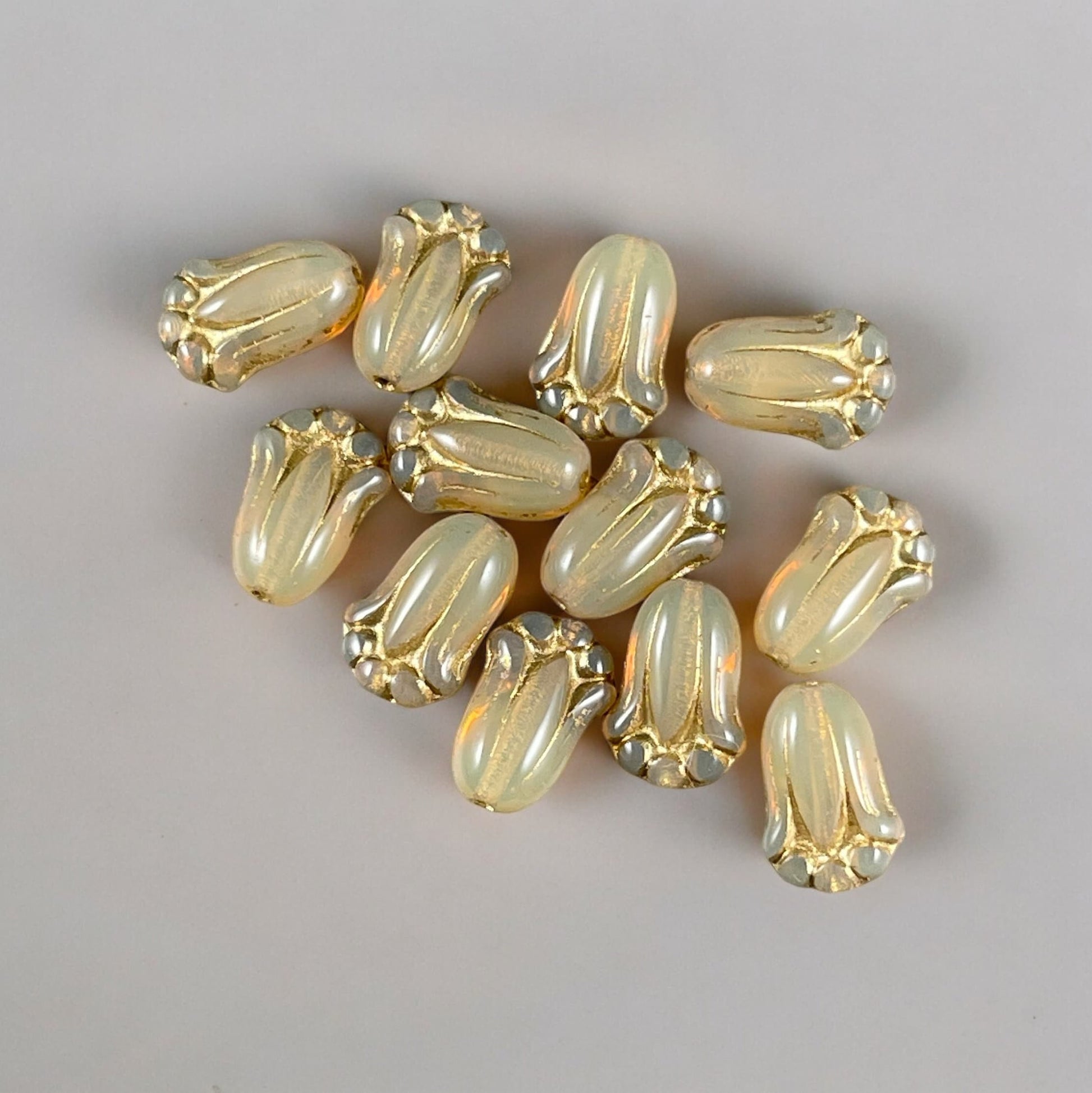 Beige Opal Flower with Gold Wash, Czech Glass Beads, 12x8mm Lily Bud Flower (LBud44) * Qty. 12