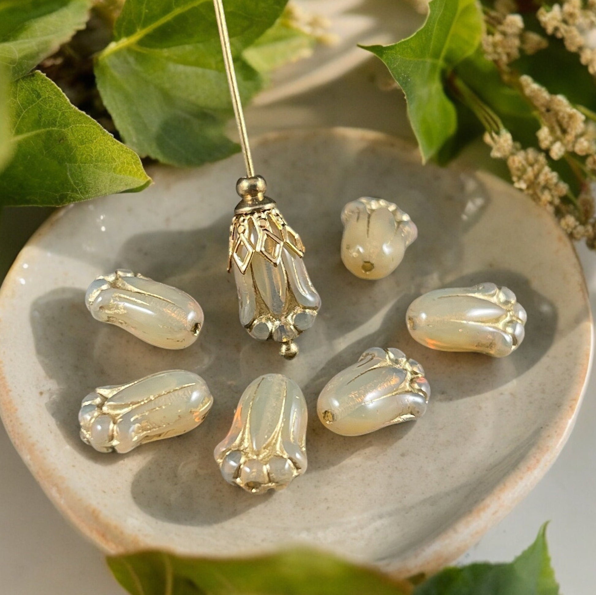 Czech Glass Beads - 12x8mm Lily Bud, Beige Opal Flower with Gold Wash (LBud44) * Qty. 12