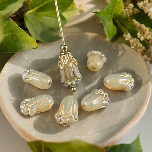 Czech Glass Beads - 12x8mm Lily Bud, Beige Opal Flower with Gold Wash (LBud44) * Qty. 12