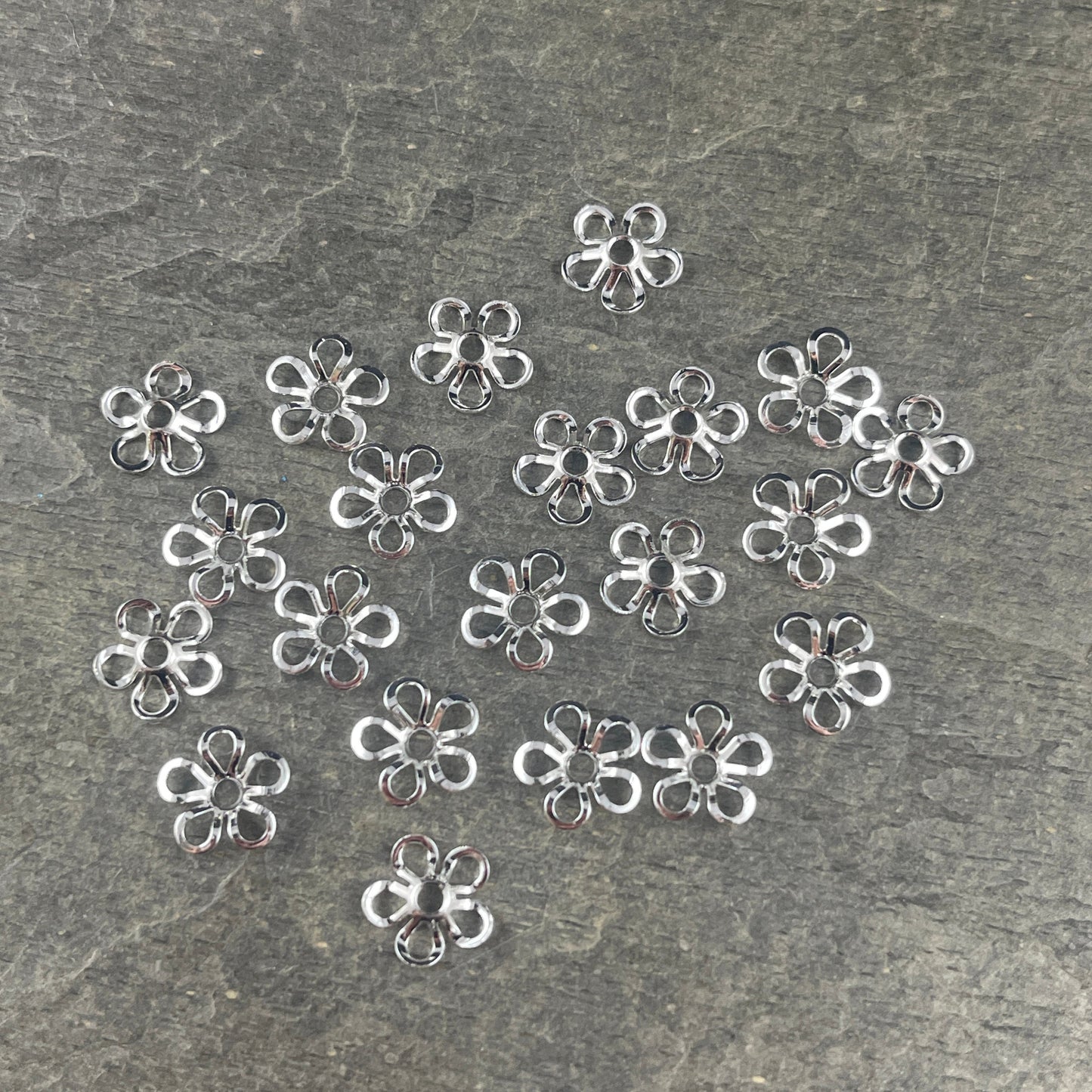 6-Petal Flower Bead Caps, Open Curved Petals, 9mm Silver Plated Brass Bead Caps (Z030-13C) * Qty. 24