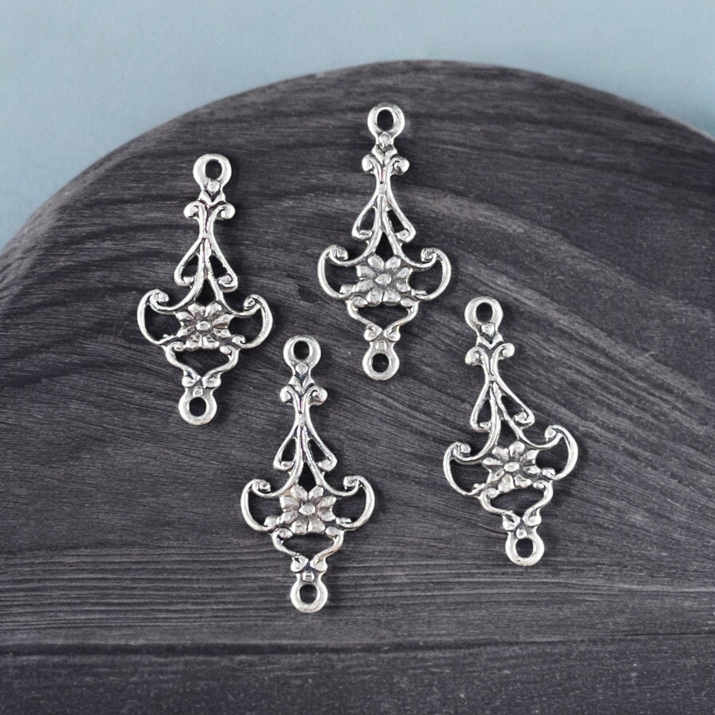 Floral Filigree Connector, Filigree Link with Floral Design, Oxidized Silver Plated Brass (VJS/M07s) * Qty. 4