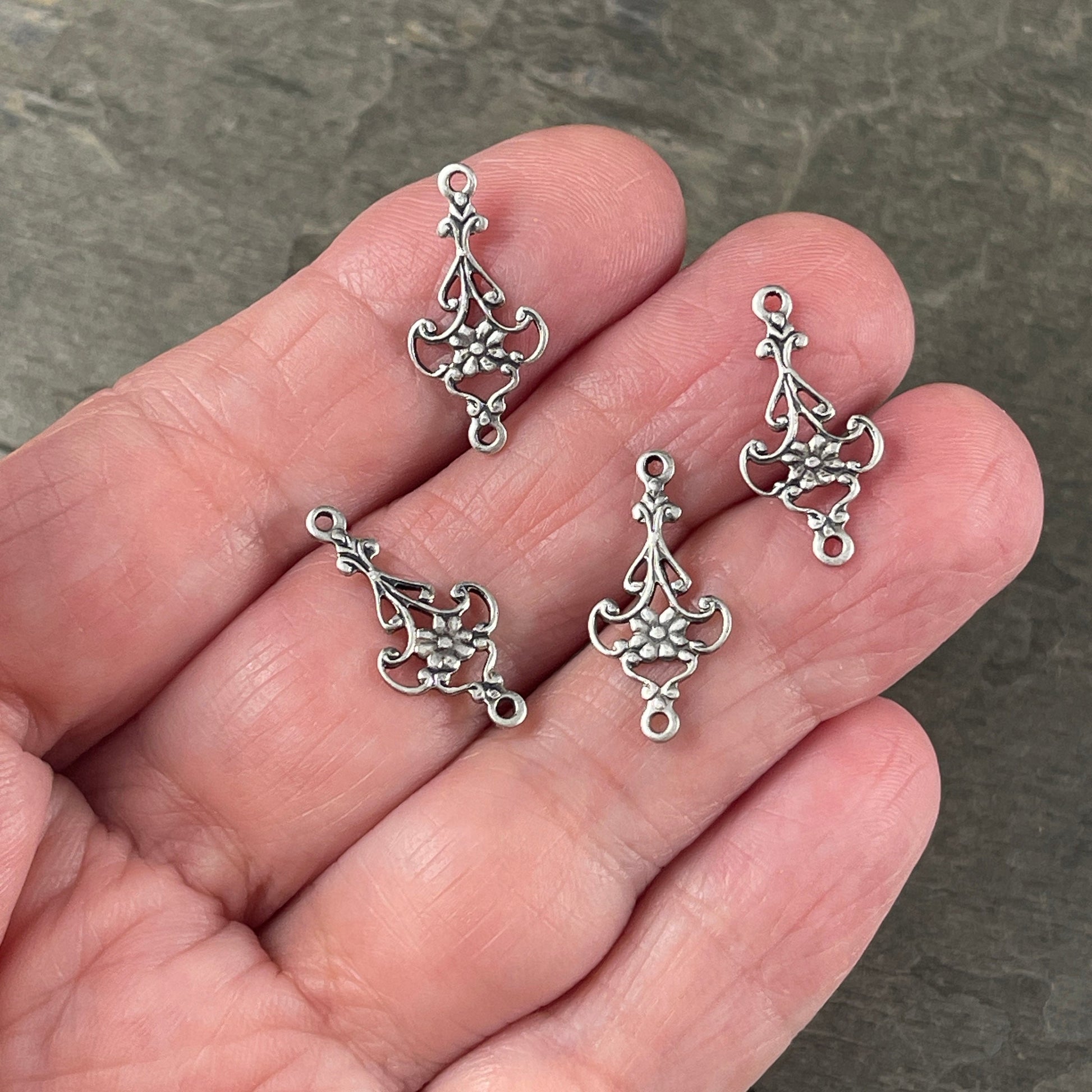 Floral Filigree Connector, Filigree Link with Floral Design, Oxidized Silver Plated Brass (VJS/M07s) * Qty. 4