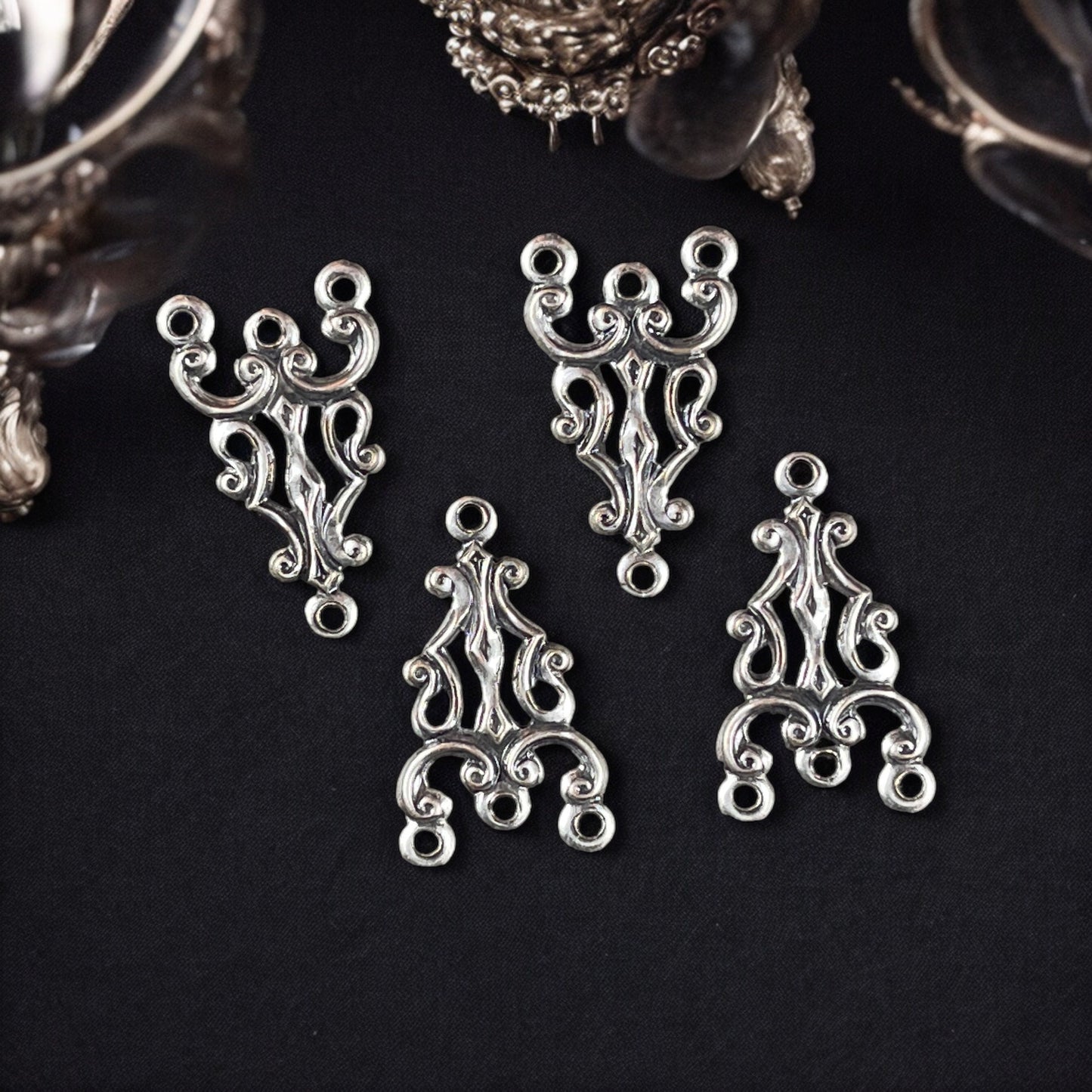 Antiqued Silver Ornate Links, 3 to 1 Connector for Earrings or Multi Strand Jewelry 20x11mm Link (VJS/A612) * Qty. 6