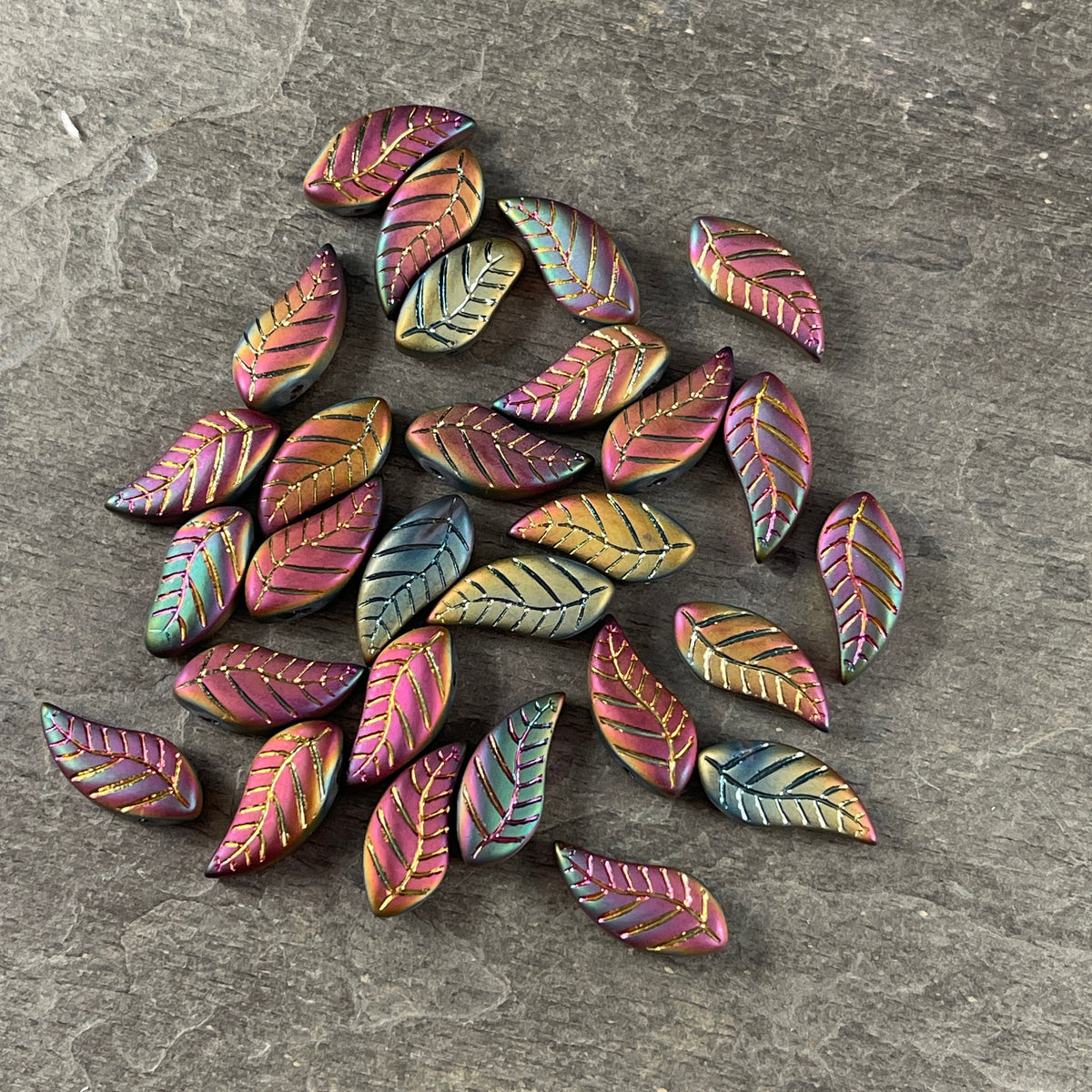 Colorful Rustic Curved Leaf Beads, Glass Beads with Metallic Iris Finish, Top Drilled Leaves * Qty. 12 beads