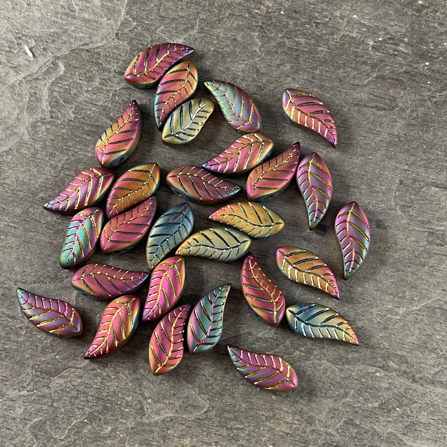 Colorful Rustic Curved Leaf Beads, Glass Beads with Metallic Iris Finish, Top Drilled Leaves * Qty. 12 beads