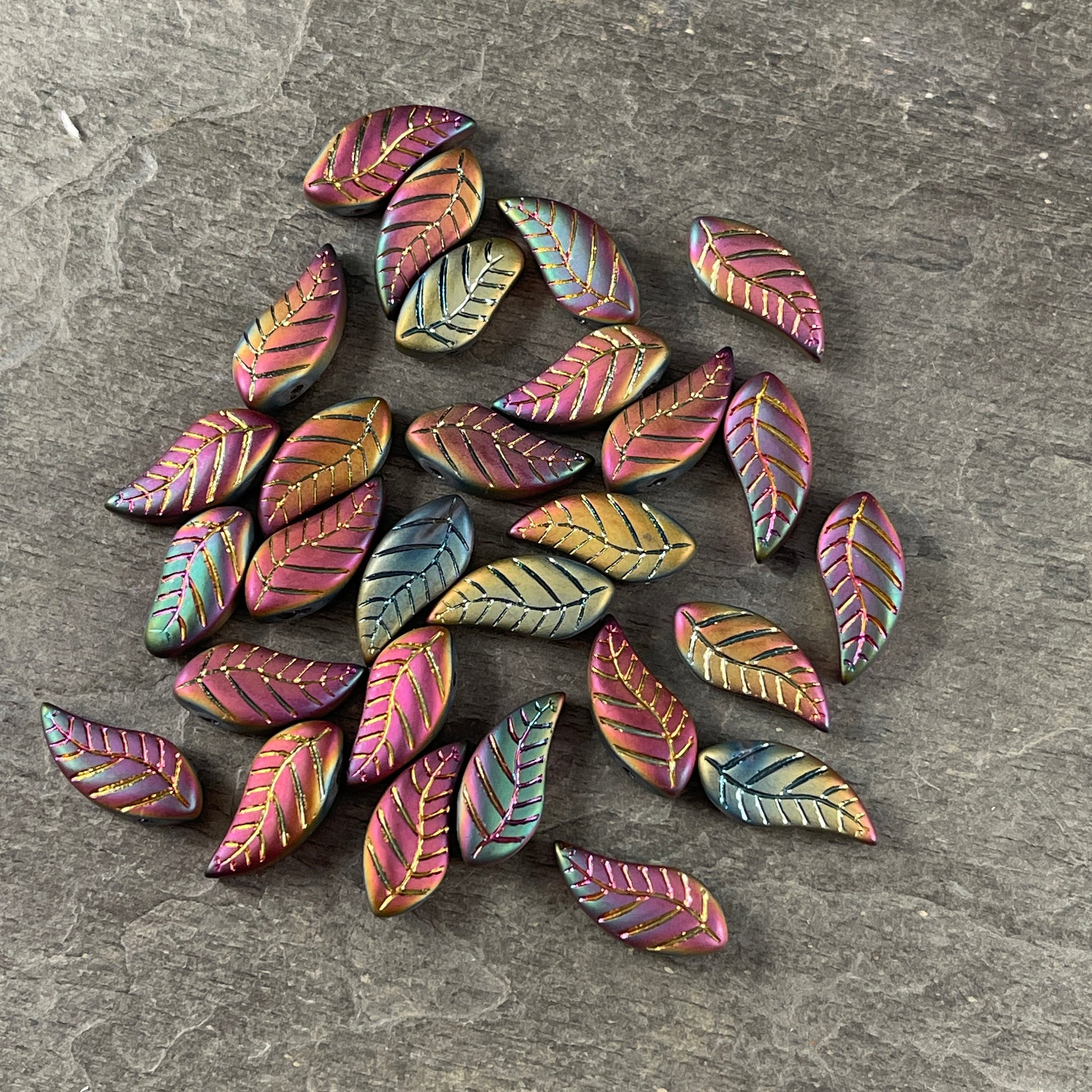Colorful Rustic Curved Leaf Beads, Glass Beads with Metallic Iris Finish, Top Drilled Leaves * Qty. 12 beads