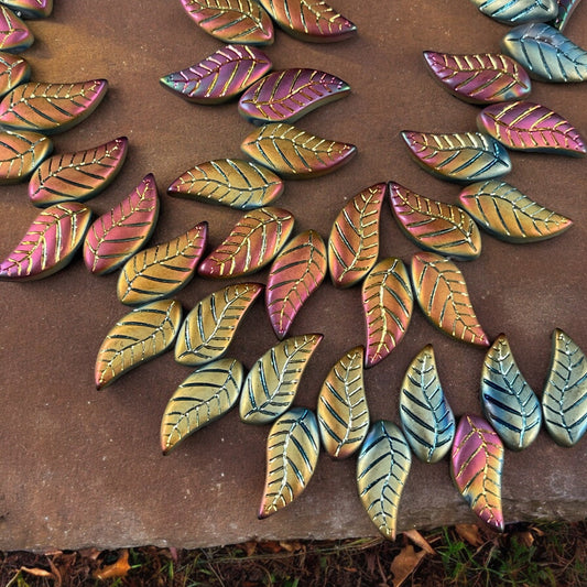 Colorful Rustic Curved Leaf Beads, Glass Beads with Metallic Iris Finish, Top Drilled Leaves * Qty. 12 beads
