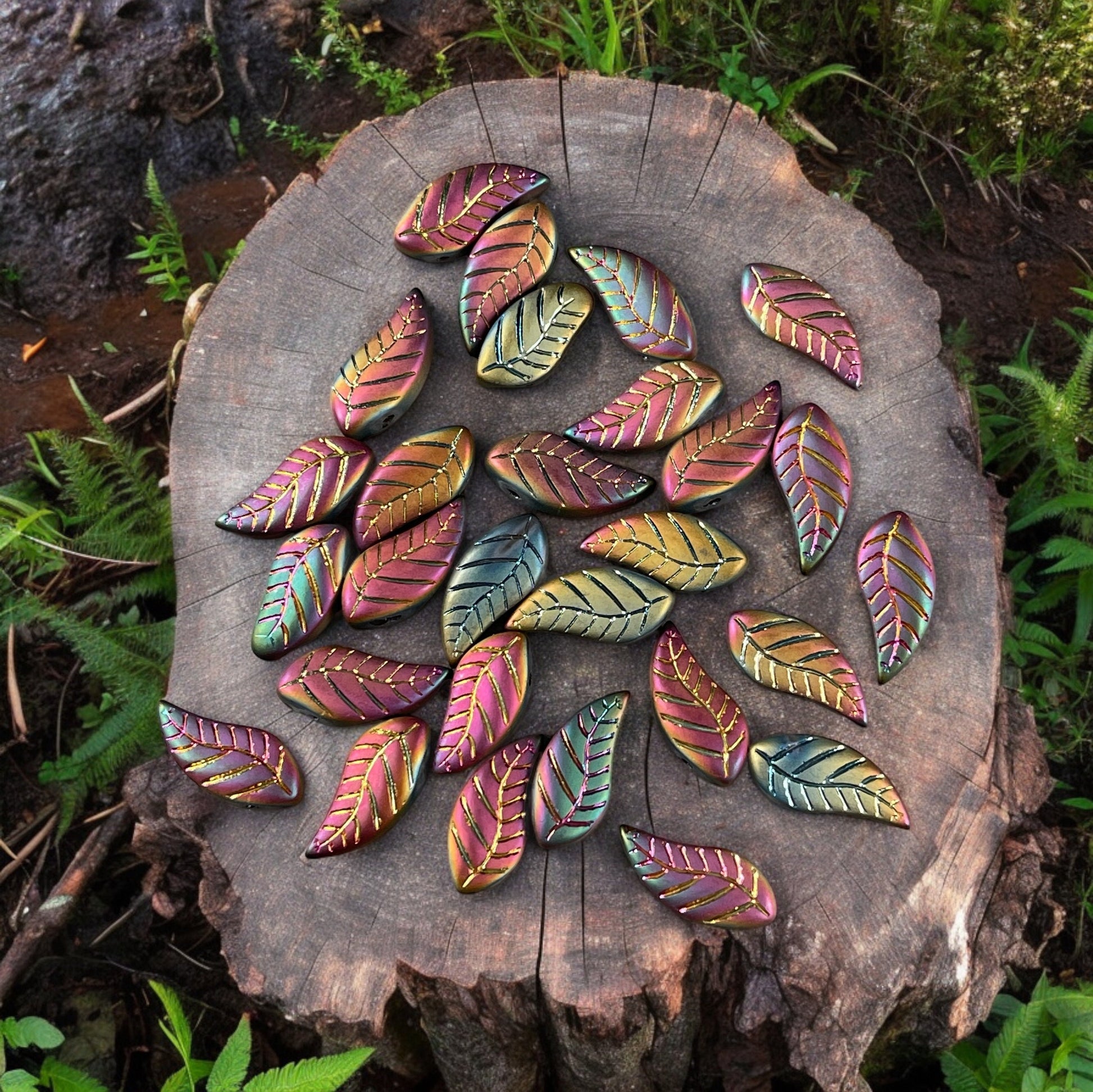 Colorful Rustic Curved Leaf Beads, Glass Beads with Metallic Iris Finish, Top Drilled Leaves * Qty. 12 beads