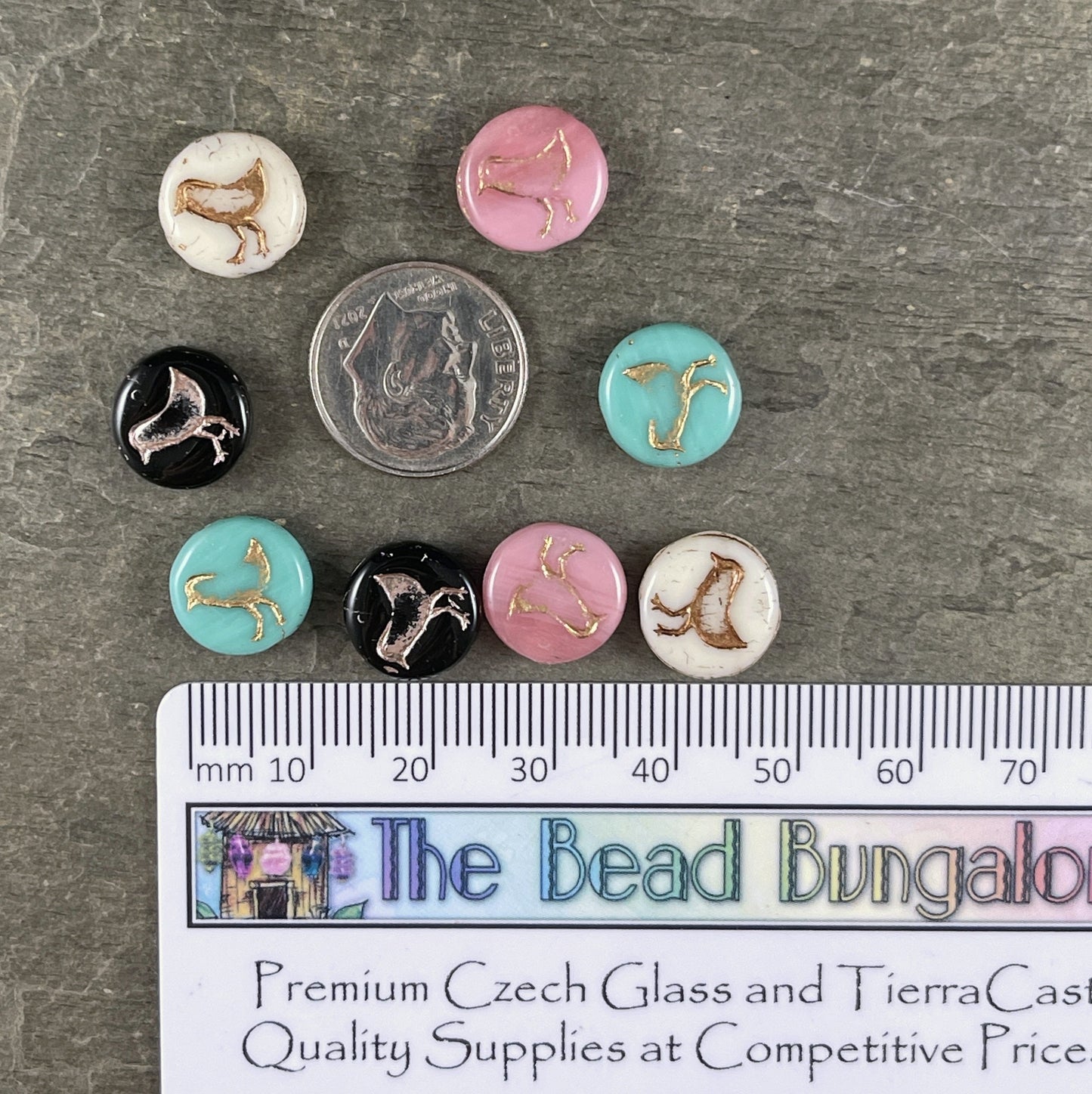 Czech Glass Coin Beads with Bird Design, Double Sided 12mm Beads ~ Bead Bungalow Exclusive Mix ~ Earring Pairs (COIN/MultiMix) * Qty. 8