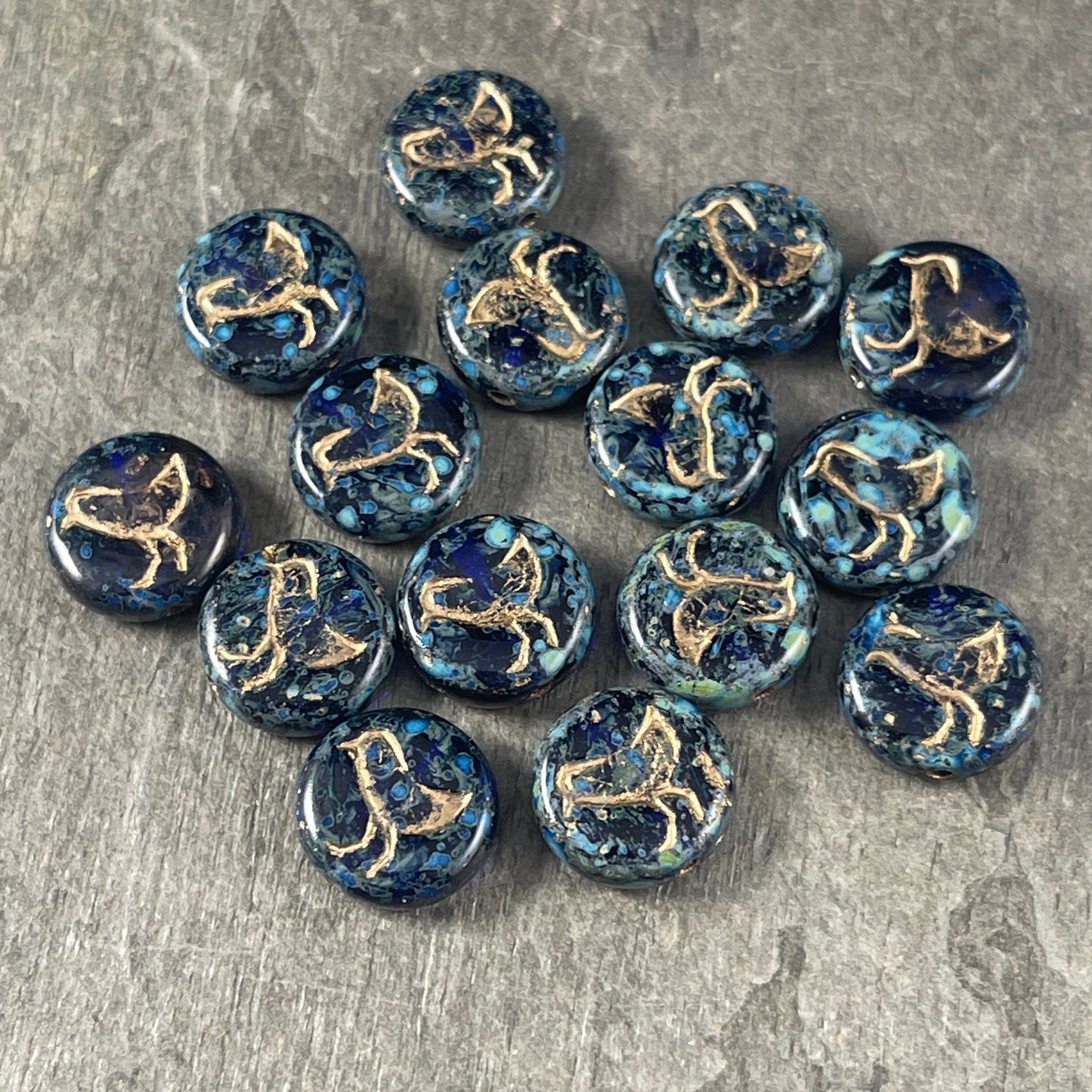 Cobalt Blue Picasso Bird Theme Beads, Nature Beads, 12mm Dark Blue Czech Glass Beads (COIN/RJ-4975) * Qty. 10