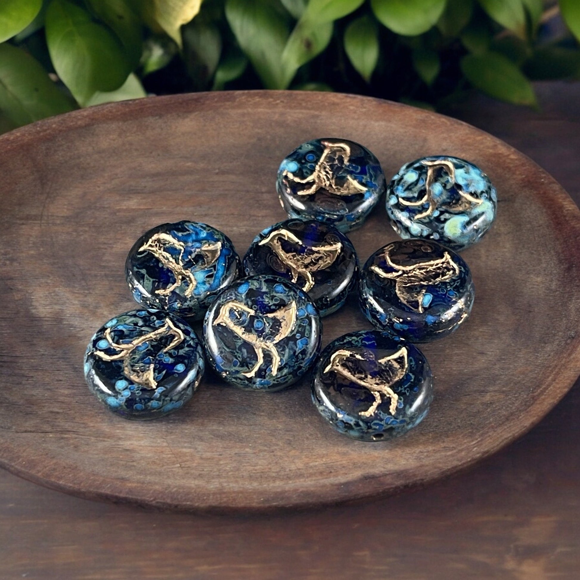 Cobalt Blue Picasso Bird Theme Beads, Nature Beads, 12mm Dark Blue Czech Glass Beads (COIN/RJ-4975) * Qty. 10