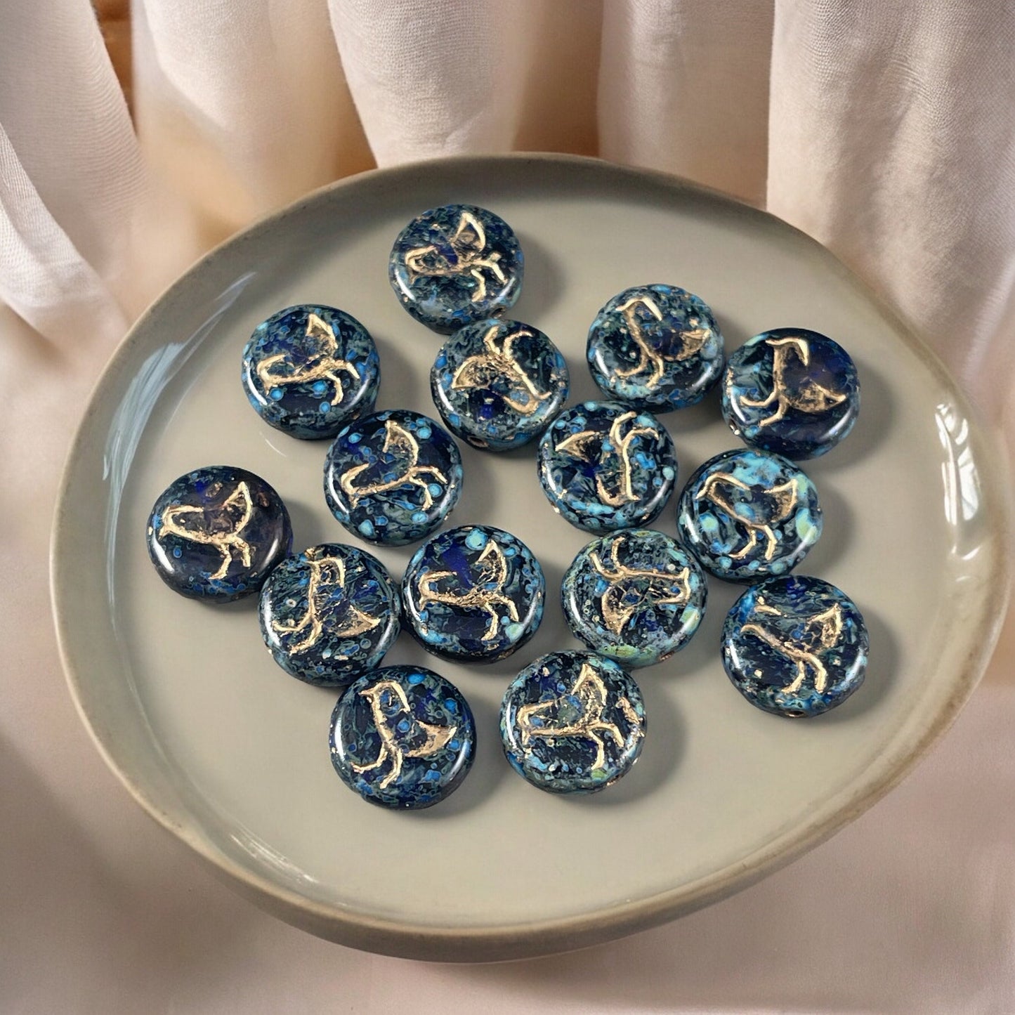 Cobalt Blue Picasso Bird Theme Beads, Nature Beads, 12mm Dark Blue Czech Glass Beads (COIN/RJ-4975) * Qty. 10