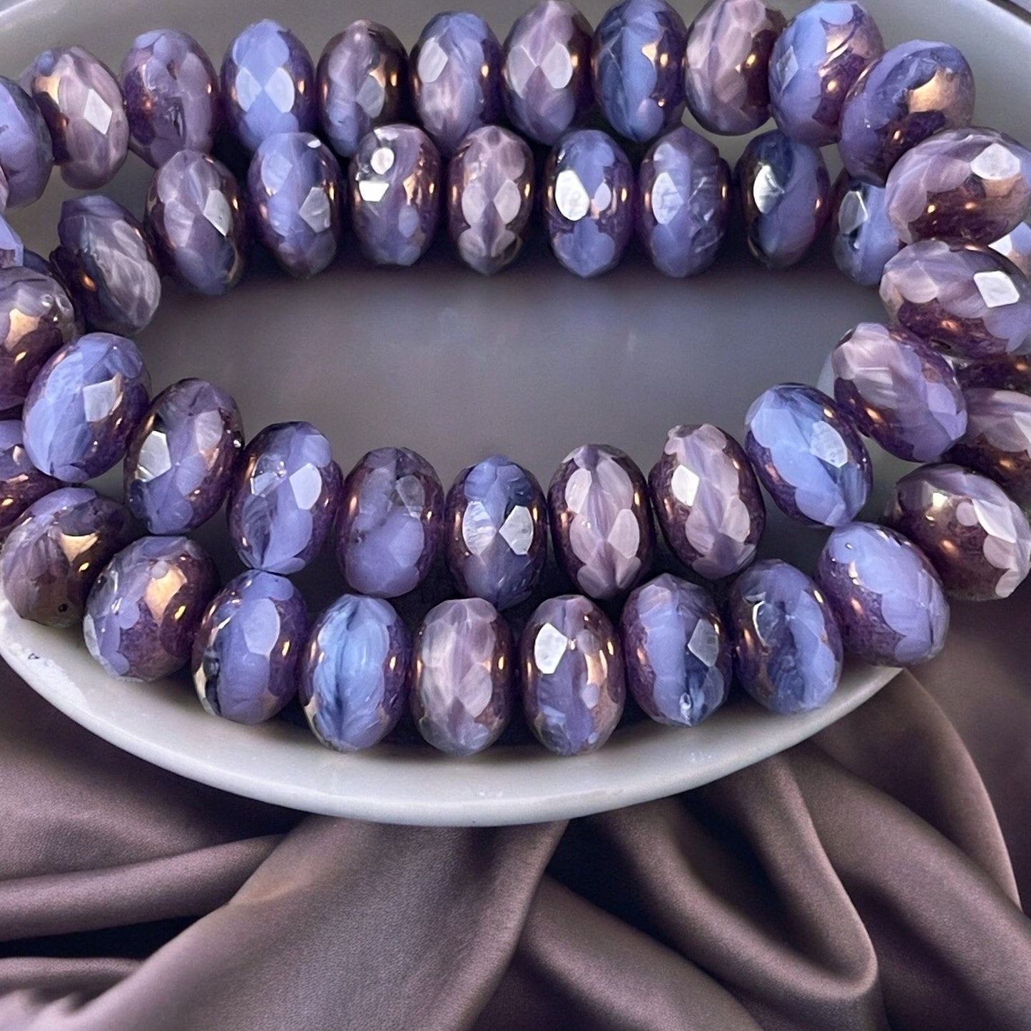 Purple Faceted Czech Glass Rondelles ~ 8x6mm Lilac and Lavender with Bronze Picasso Beads (R8/RJ-2713) *