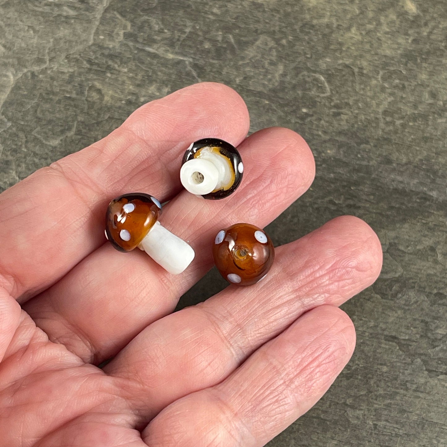 Polkadot Mushroom Caps ~ 20x12mm Glass Mushroom Beads ~ Fairy Garden Mushroom ~ Brown and White Mushroom Bead * Qty. 1