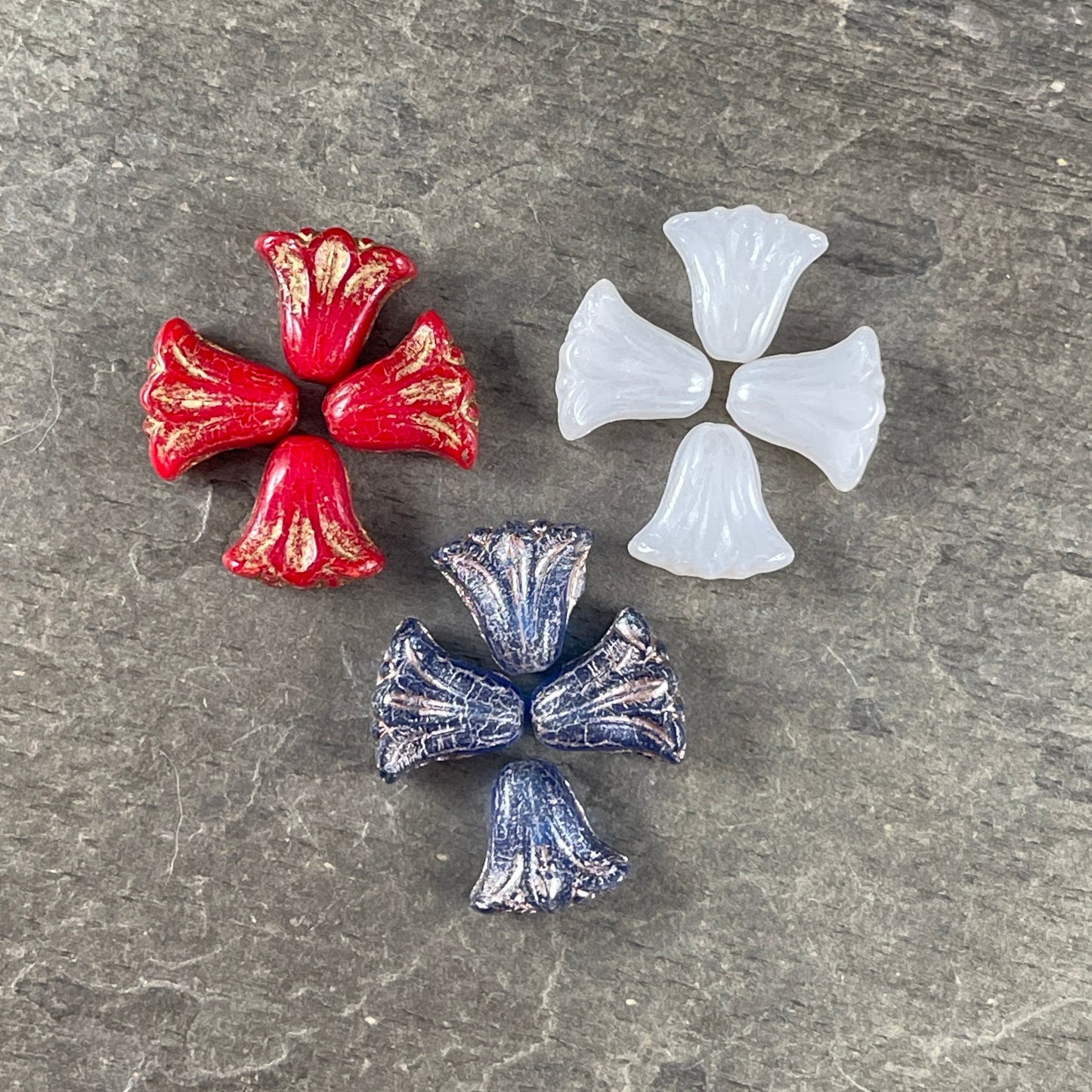 Red, White and Blue Czech Flower Beads - 10mm Lily Flower Bead, 3-color Mix Opaque Glass Beads * Qty. 12