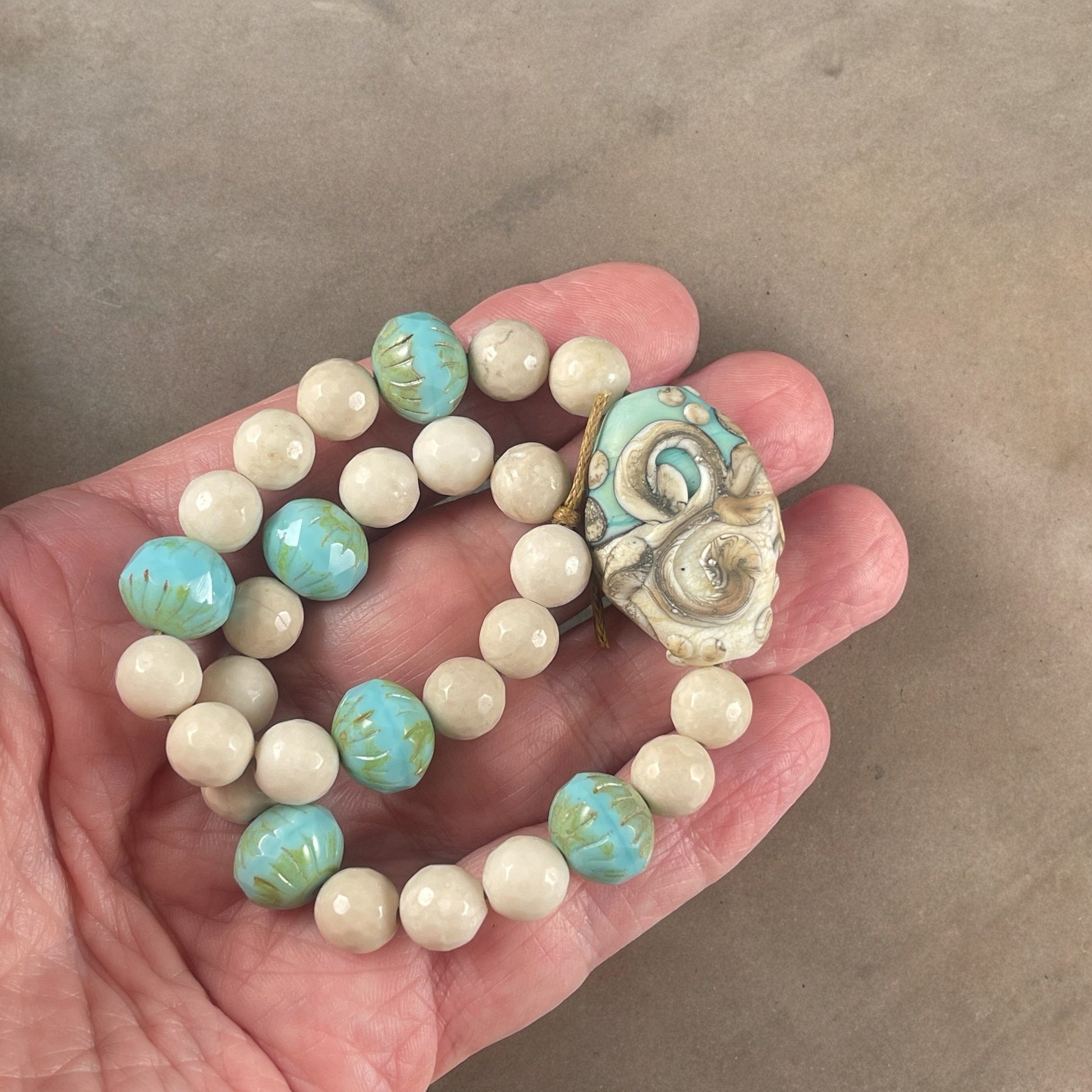 Turquoise and Beige Bead Ensemble with Artisan Lampwork Focal Bead, Riverstone and Czech Glass