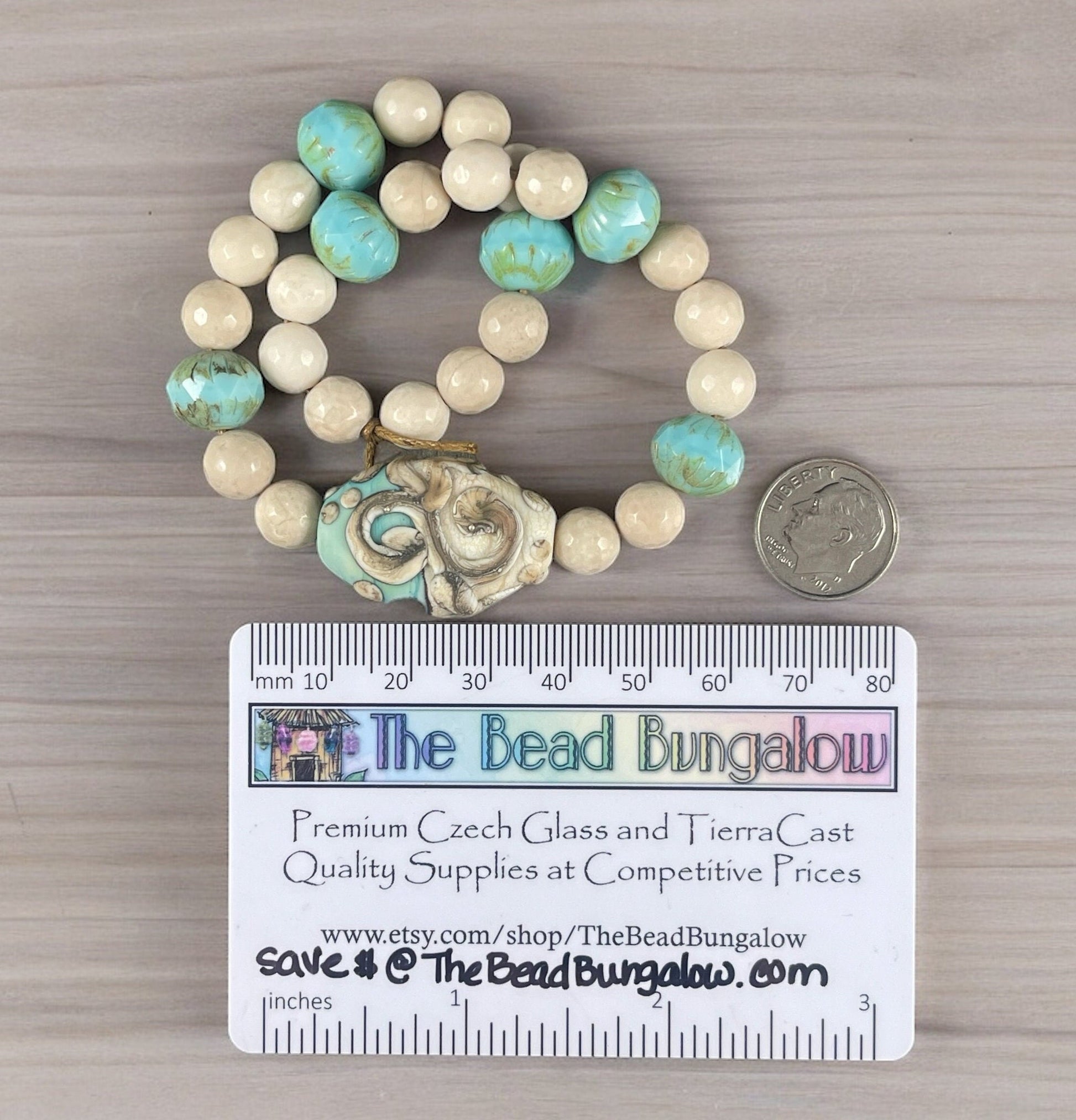 Turquoise and Beige Bead Ensemble with Artisan Lampwork Focal Bead, Riverstone and Czech Glass