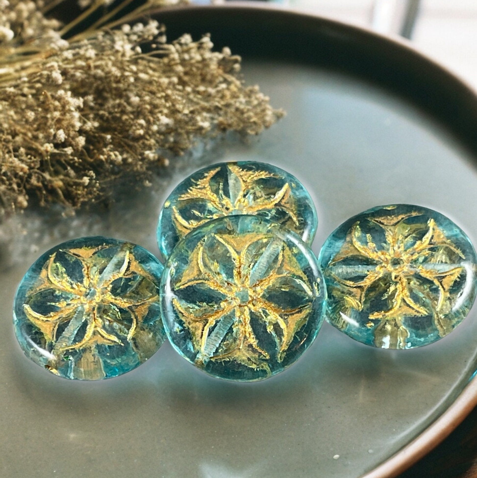 Czech Glass Flower Beads, Aqua and Gold 18mm Plumeria Flower Bead, Nature Theme Beads (PPF1) * Qty. 2