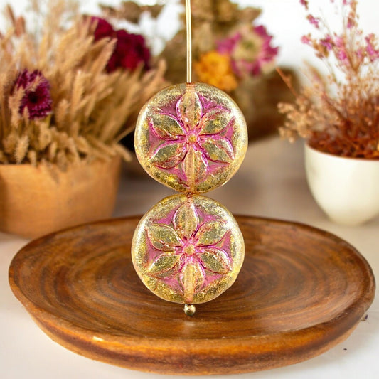 Czech Glass Flower Beads, Crystal with Gold and Fuchsia Finishes, 18mm Plumeria Flower Bead, Nature Theme Beads (PPF2) * Qty. 2