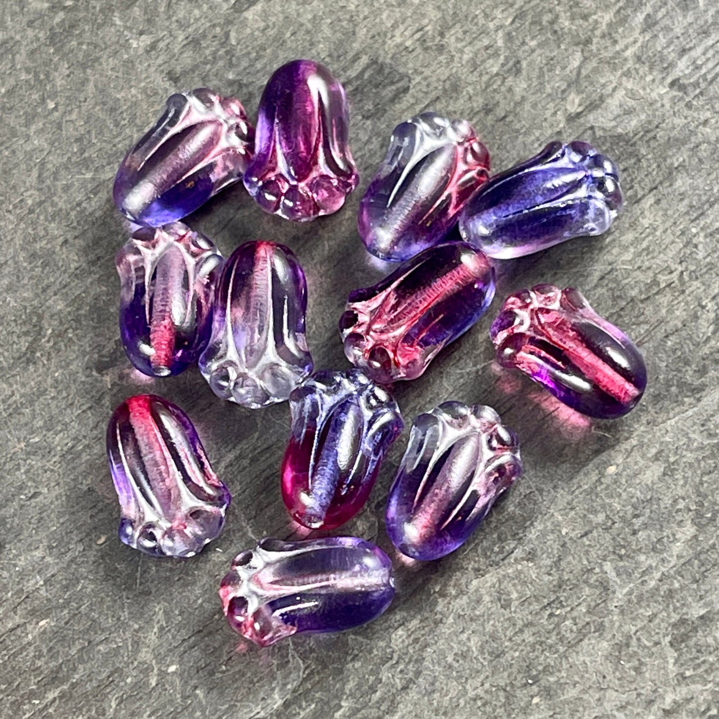 Czech Glass Flower, 12x8mm Lily Bud, Purple & Fucshia with Silver Wash (LBud16) * Qty. 12