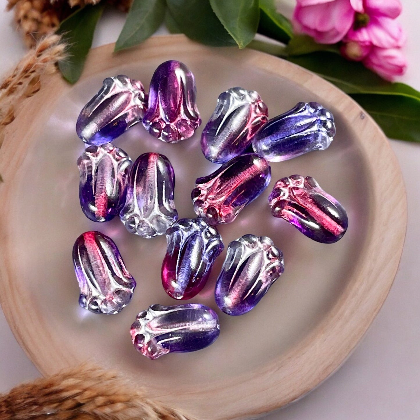 Czech Glass Flower, 12x8mm Lily Bud, Purple & Fucshia with Silver Wash (LBud16) * Qty. 12