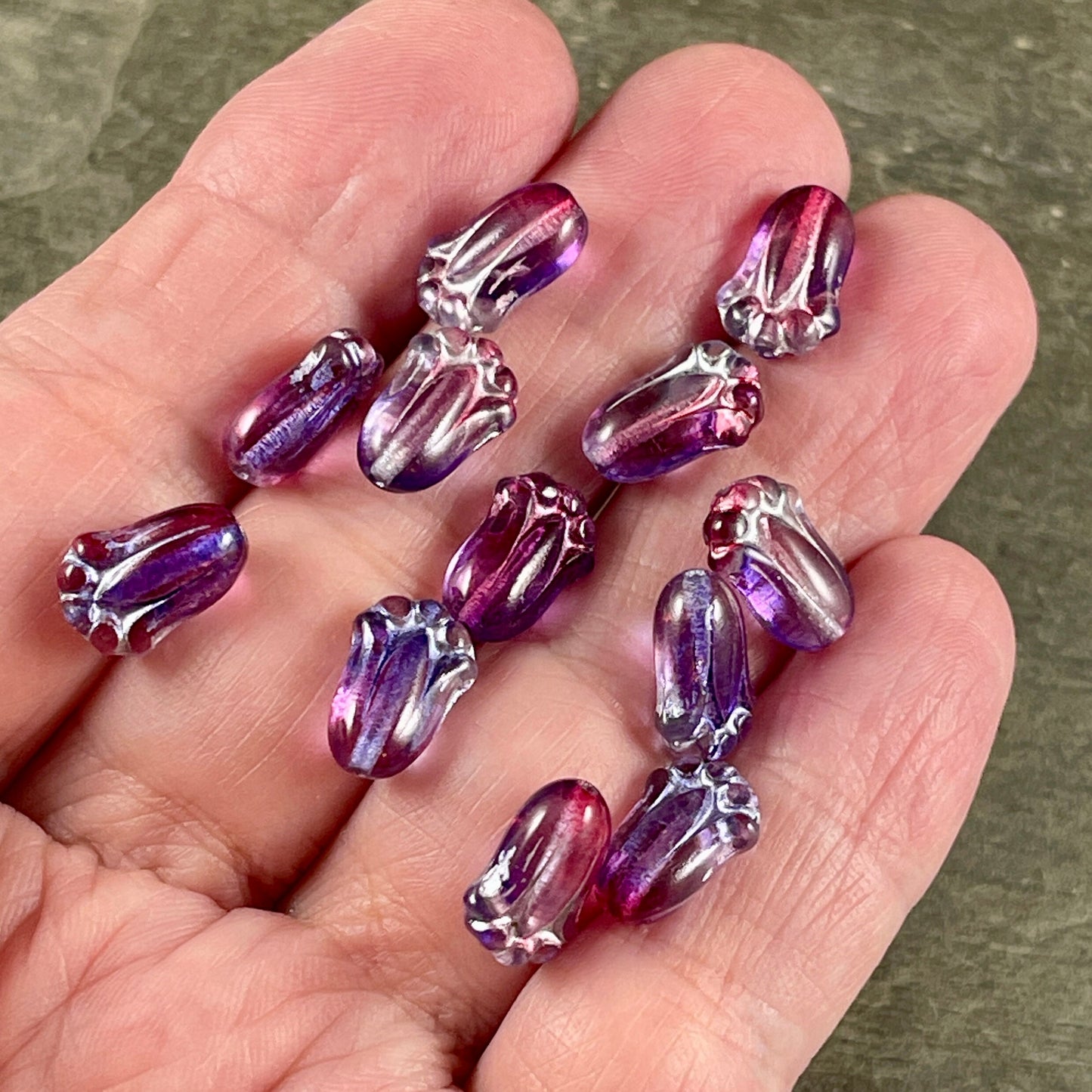 Czech Glass Flower, 12x8mm Lily Bud, Purple & Fucshia with Silver Wash (LBud16) * Qty. 12