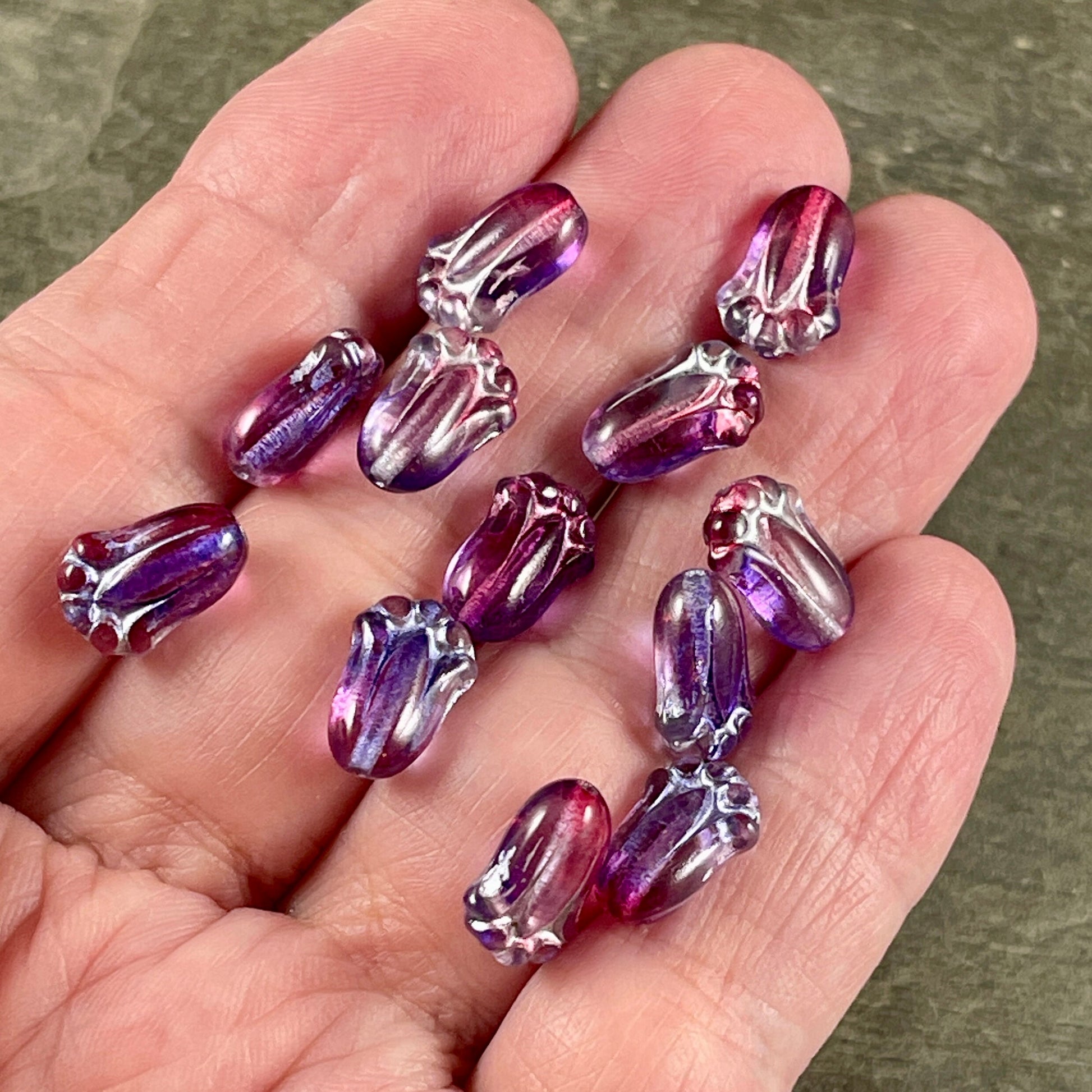Czech Glass Flower, 12x8mm Lily Bud, Purple & Fucshia with Silver Wash (LBud16) * Qty. 12