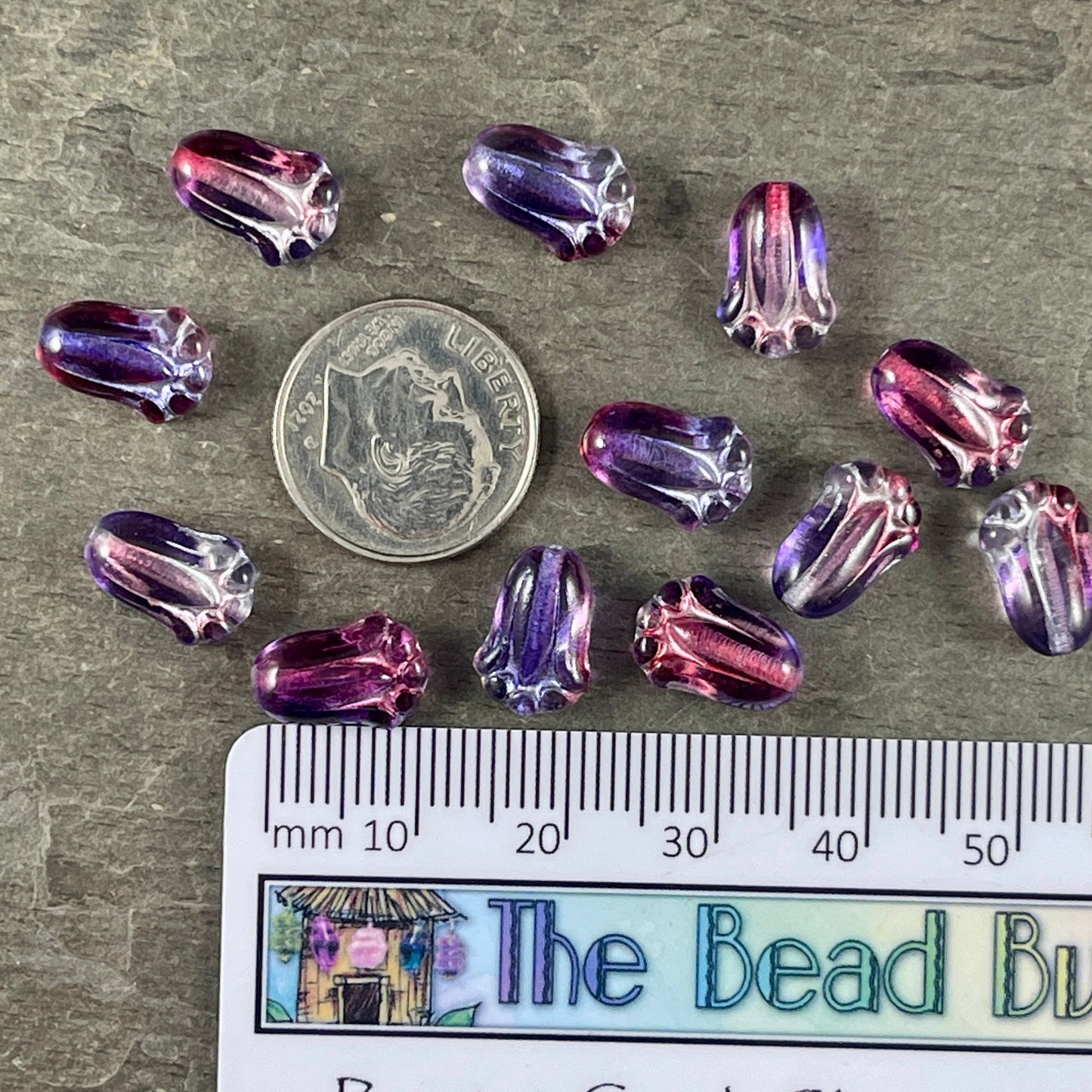 Czech Glass Flower, 12x8mm Lily Bud, Purple & Fucshia with Silver Wash (LBud16) * Qty. 12