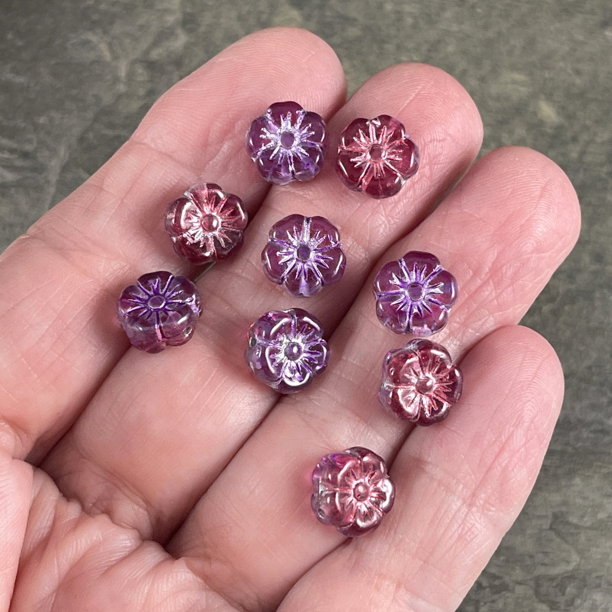 10mm Czech Glass Beads, Purple and Fuchsia Hibiscus, Purple and Pink Glass Flower(PHib11) * Qty. 12