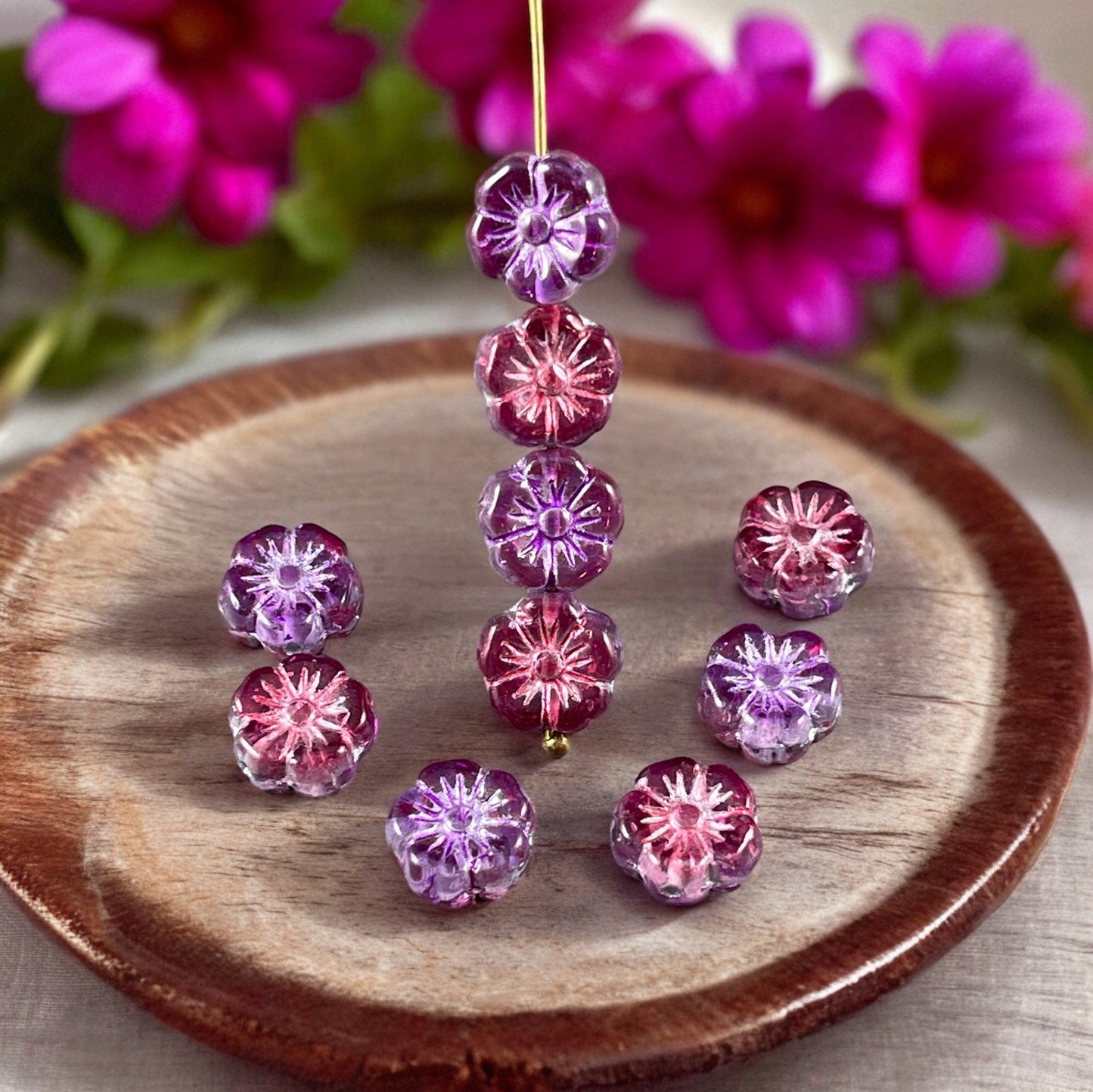 10mm Czech Glass Beads, Purple and Fuchsia Hibiscus, Purple and Pink Glass Flower(PHib11) * Qty. 12