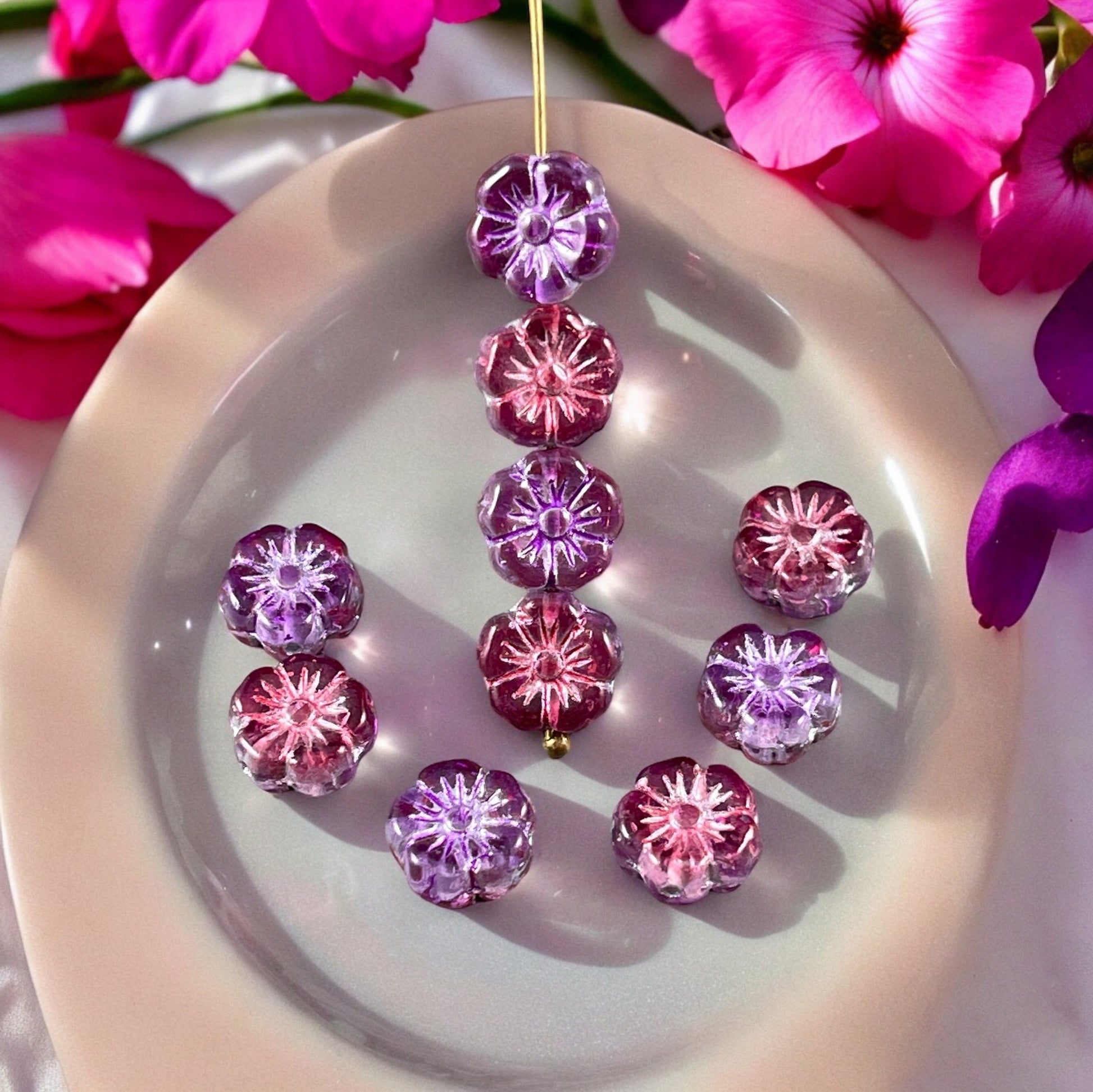 10mm Czech Glass Beads, Purple and Fuchsia Hibiscus, Purple and Pink Glass Flower(PHib11) * Qty. 12