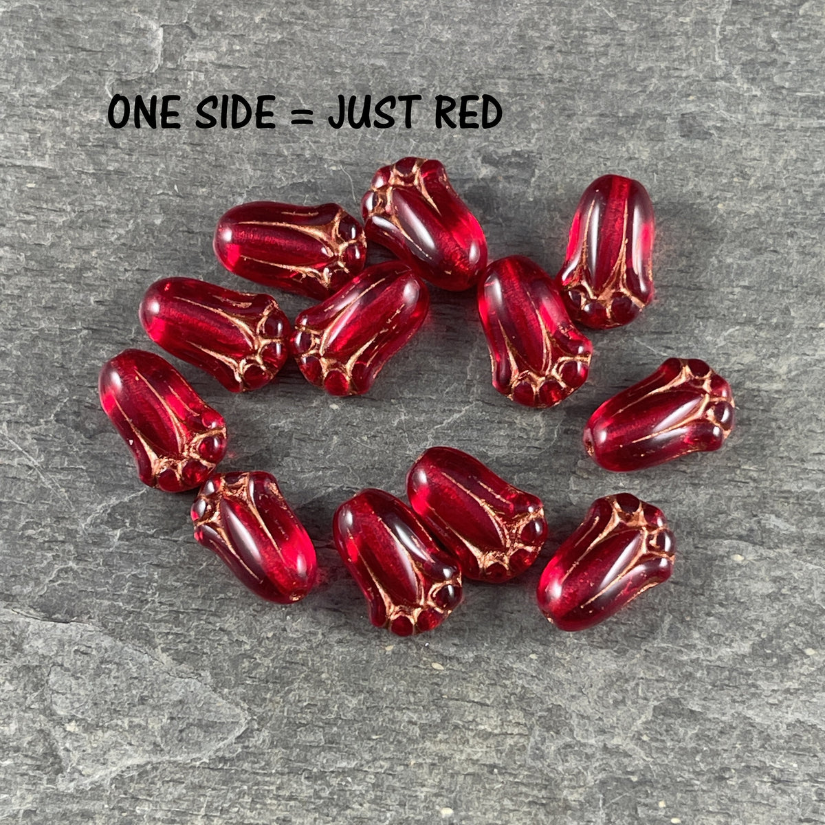 Czech Glass Beads - 12x8mm Red Lily Bud Flower Beads ~ Transparent Red with AB Finish and Copper Wash (LBud39) * Qty. 12