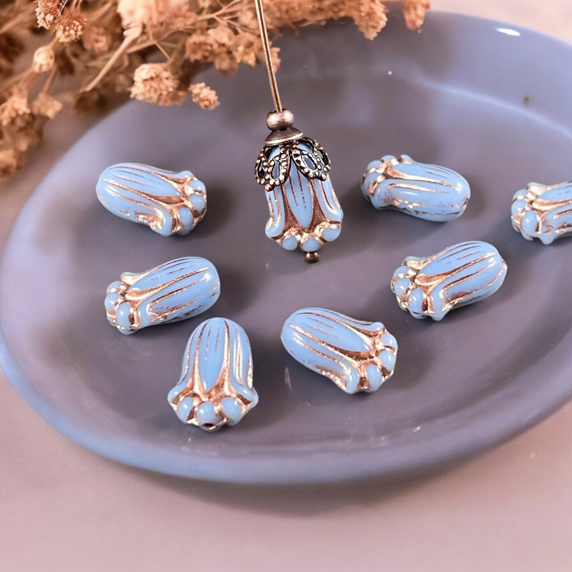 Periwinkle Blue Flower with Copper Wash, Czech Glass Beads, 12x8mm Lily Bud Flower (LBud43) * Qty. 12