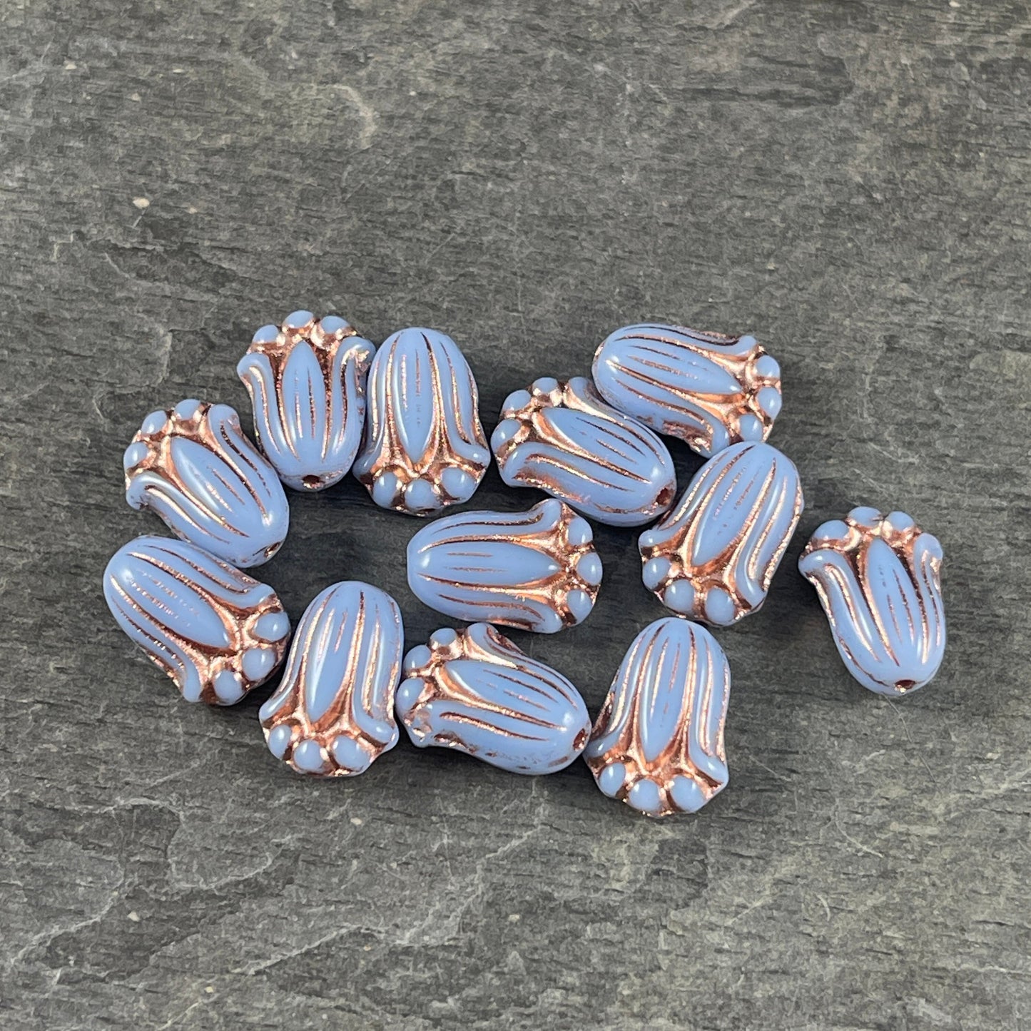 Periwinkle Blue Flower with Copper Wash, Czech Glass Beads, 12x8mm Lily Bud Flower (LBud43) * Qty. 12