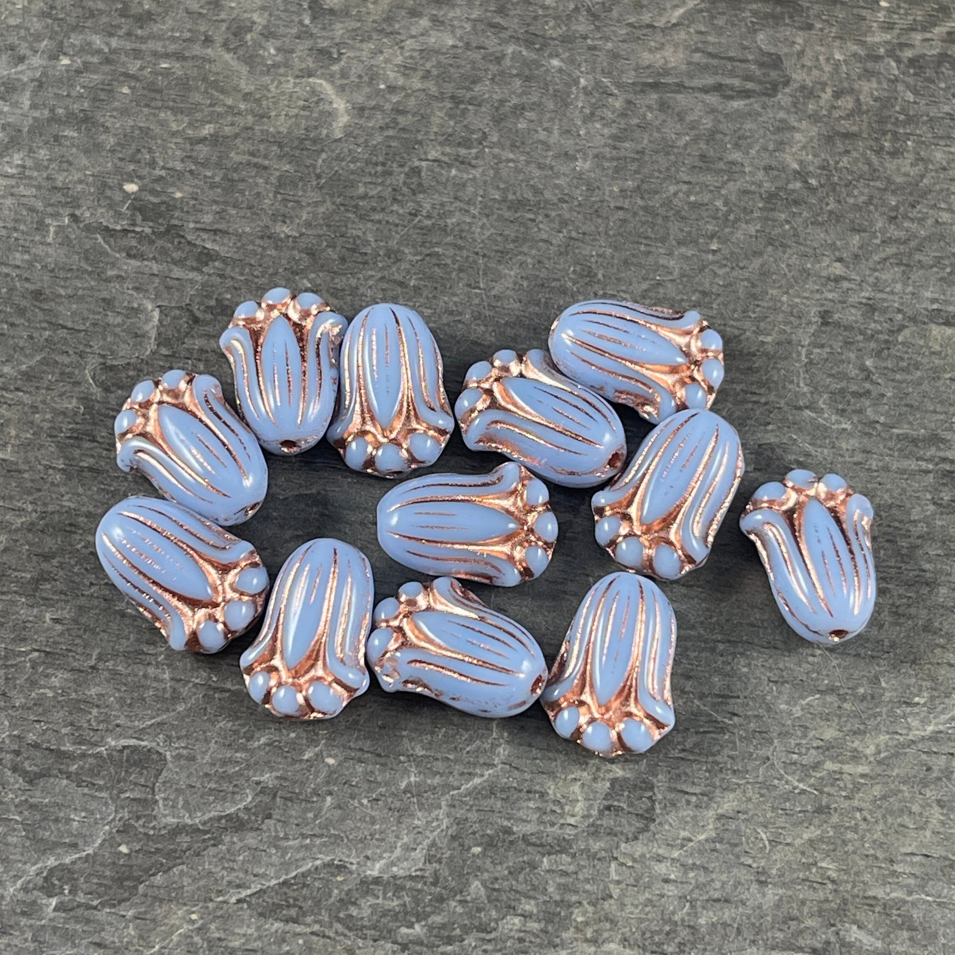 Periwinkle Blue Flower with Copper Wash, Czech Glass Beads, 12x8mm Lily Bud Flower (LBud43) * Qty. 12