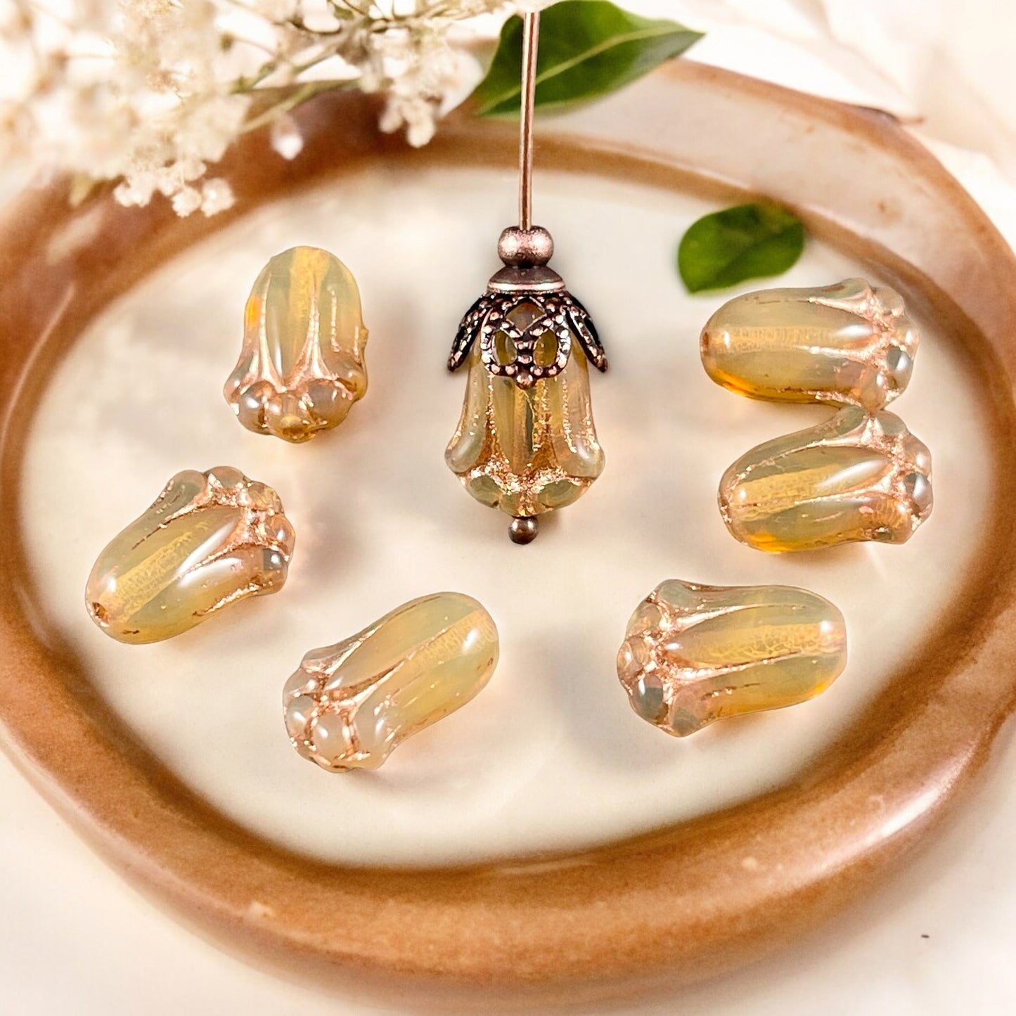 Caramel Opal Flower with Copper Wash, Czech Glass Beads, 12x8mm Lily Bud Flower (LBud42) * Qty. 12