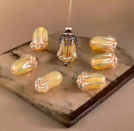Czech Glass Beads - 12x8mm Lily Bud Flower, Caramel Opal with Copper Wash (LBud42) * Qty. 12